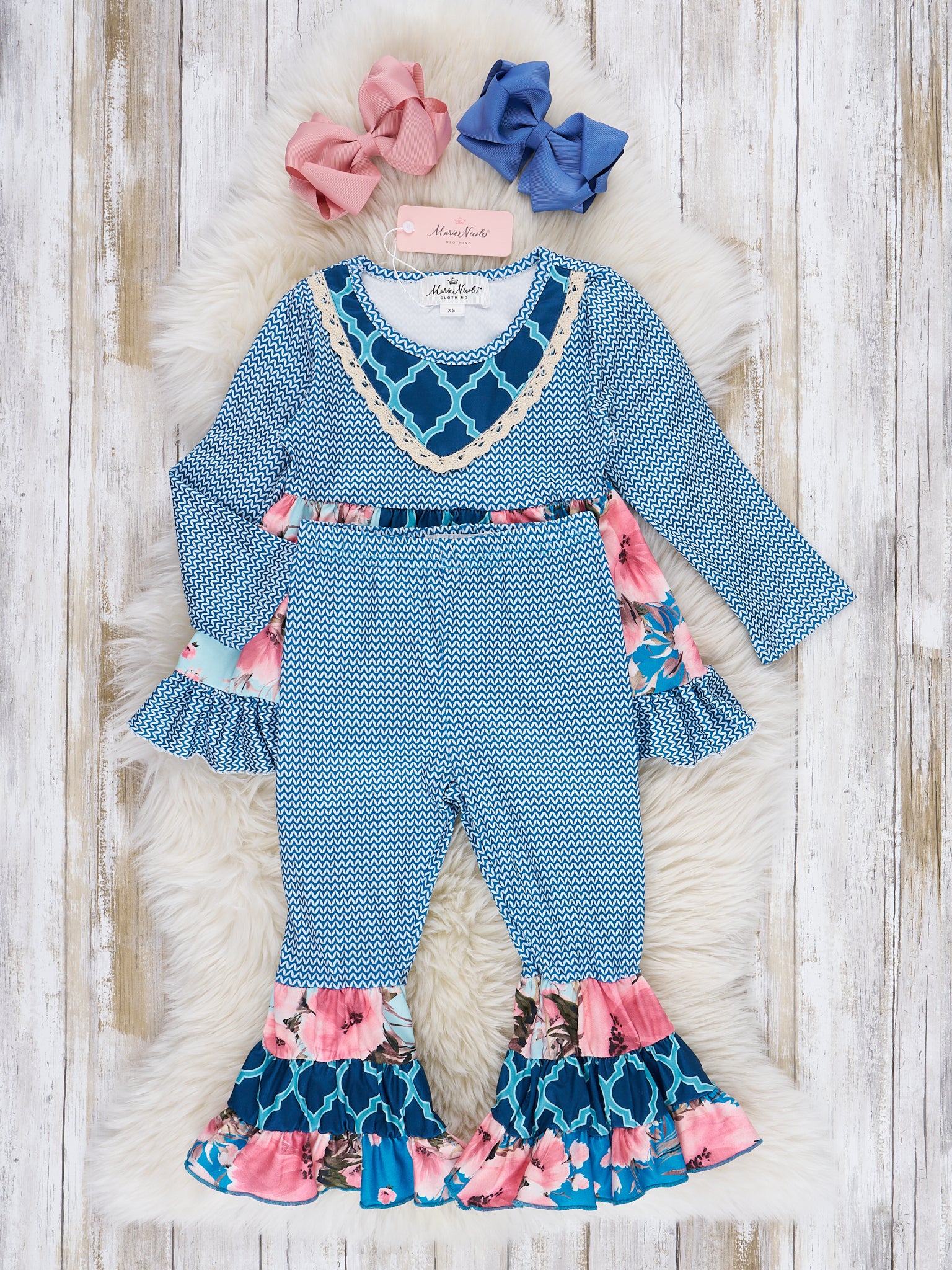 Blue Floral Ruffle Top & Moroccan Bell Bottoms Outfit - Image 3