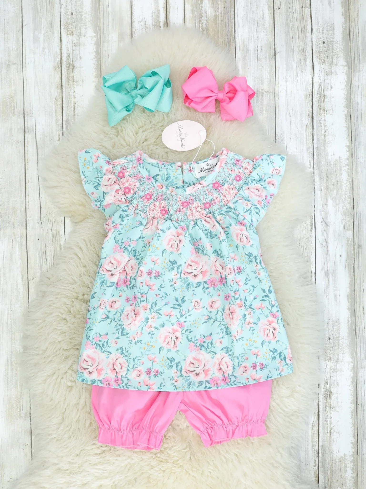 Blue Floral Ruffle Top & Pink Bottoms Outfit