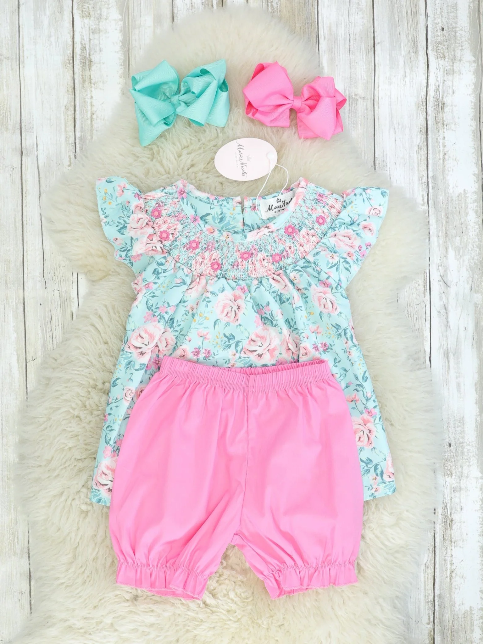 Blue Floral Ruffle Top & Pink Bottoms Outfit - Image 2