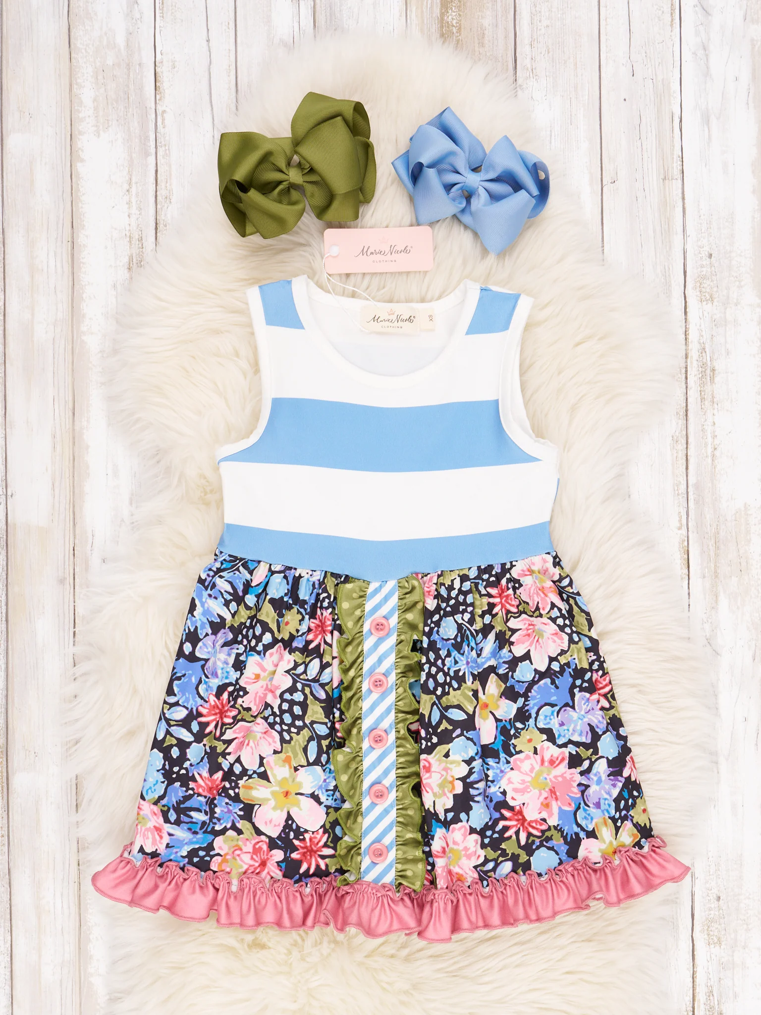 Blue Floral Striped Ruffle Dress