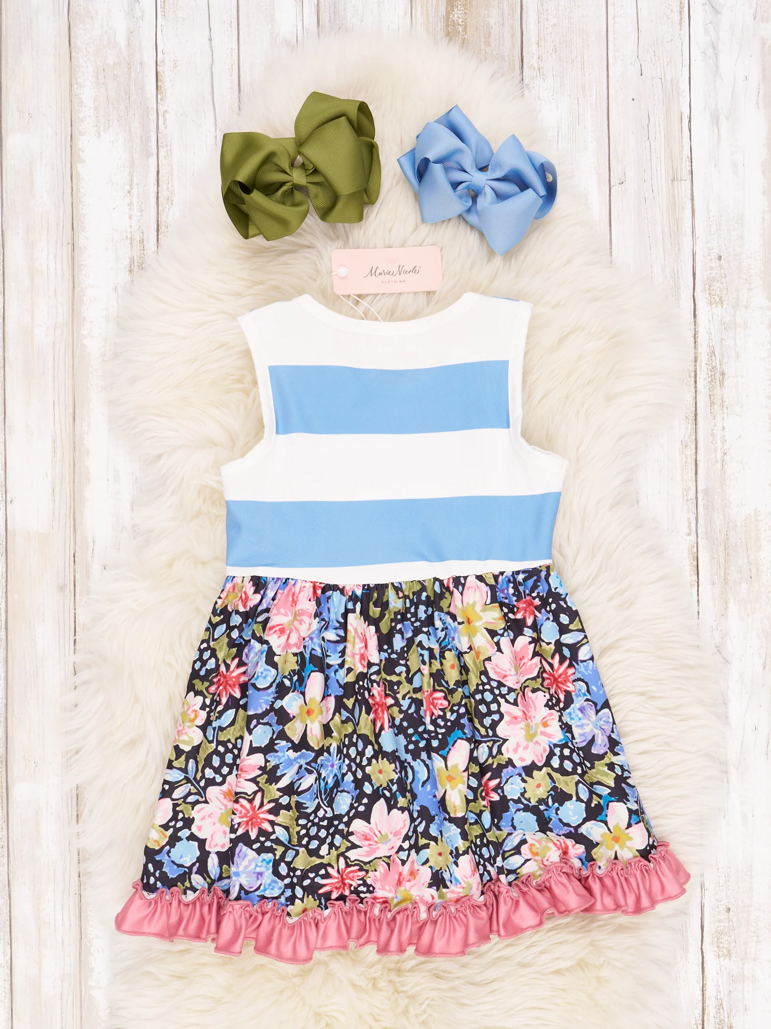 Blue Floral Striped Ruffle Dress - Image 2