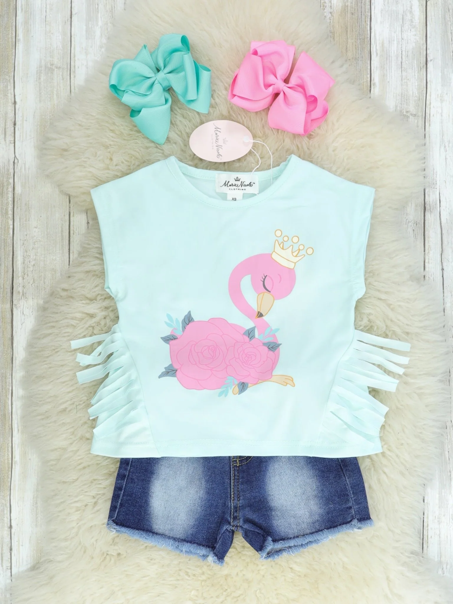 Blue Fringe Flamingo Top & Denim Shorts Outfit
