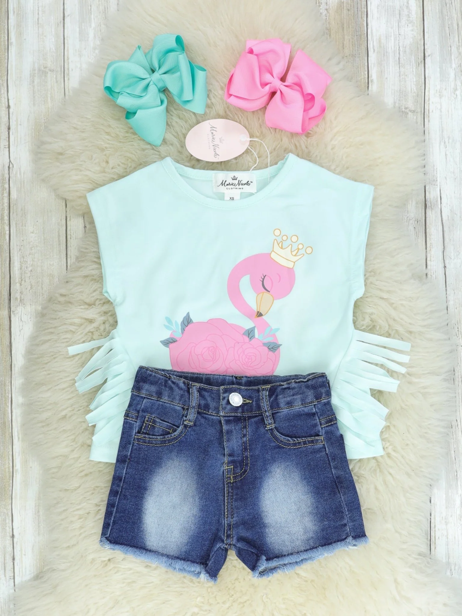 Blue Fringe Flamingo Top & Denim Shorts Outfit - Image 2