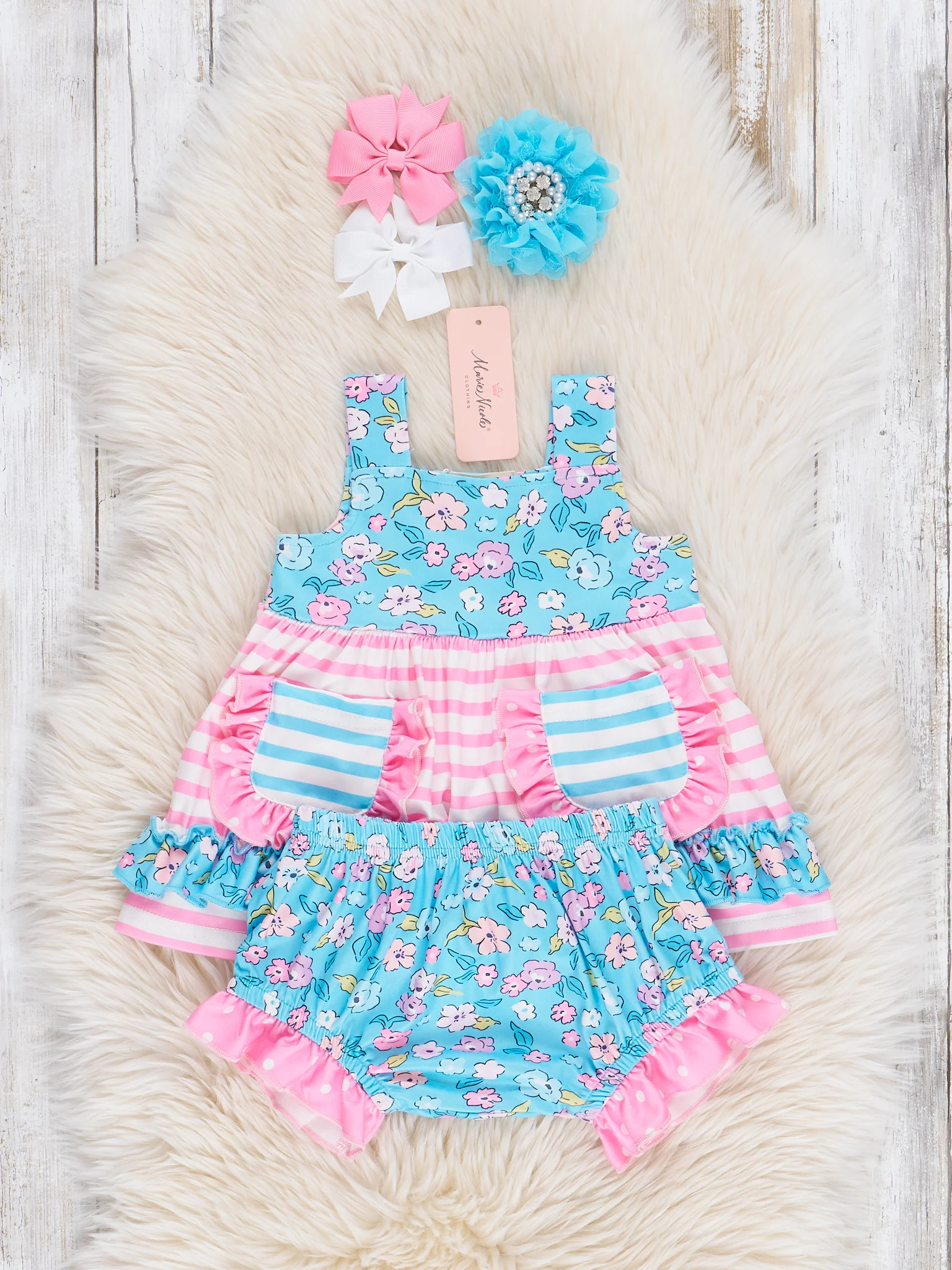 Blue Garden Striped Pockets Bloomers Outfit - Image 2