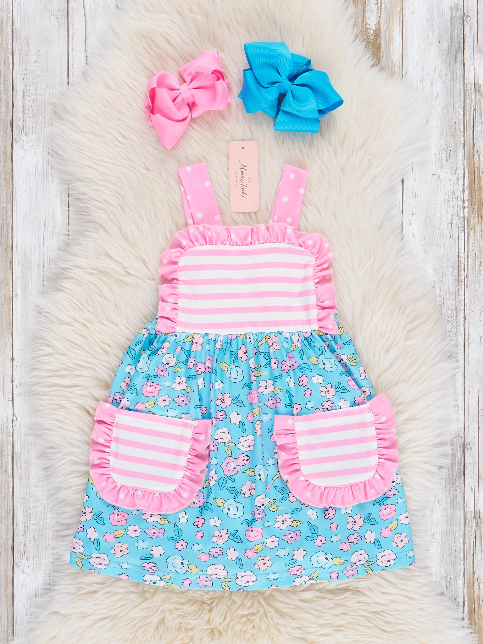 Blue Garden Striped Pockets Ruffle Dress