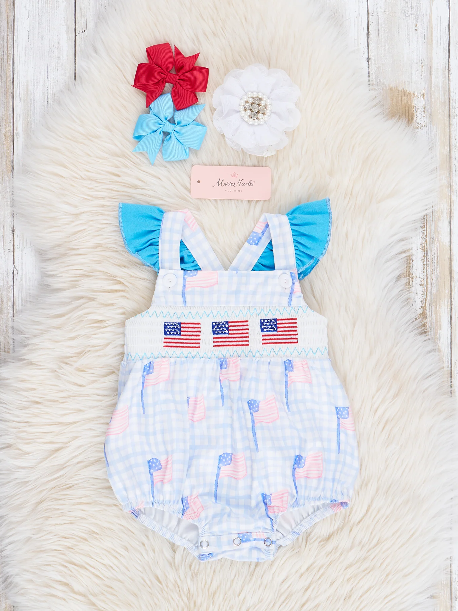 Blue Gingham American Flag Smocked Bubble Romper