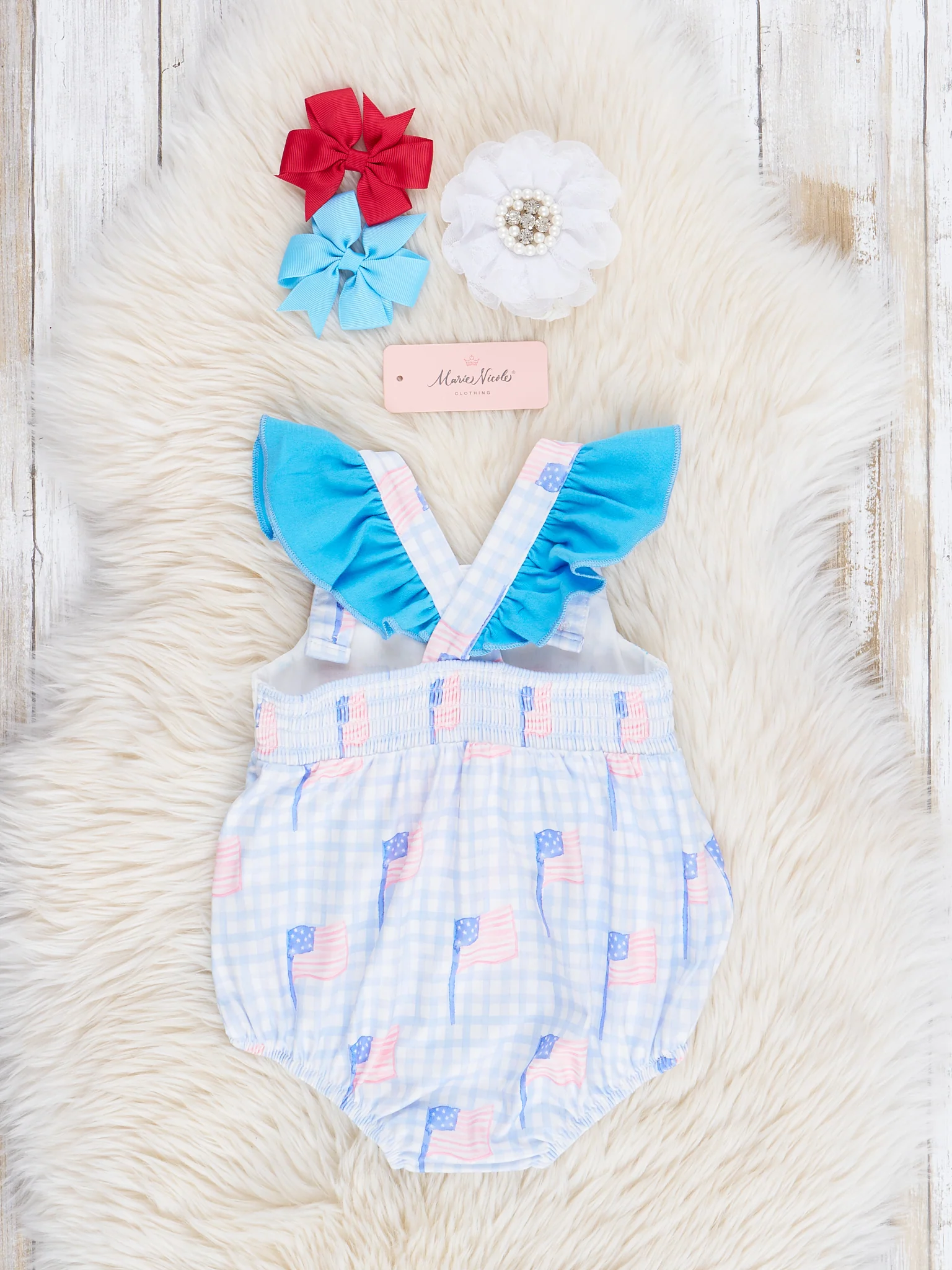 Blue Gingham American Flag Smocked Bubble Romper - Image 2