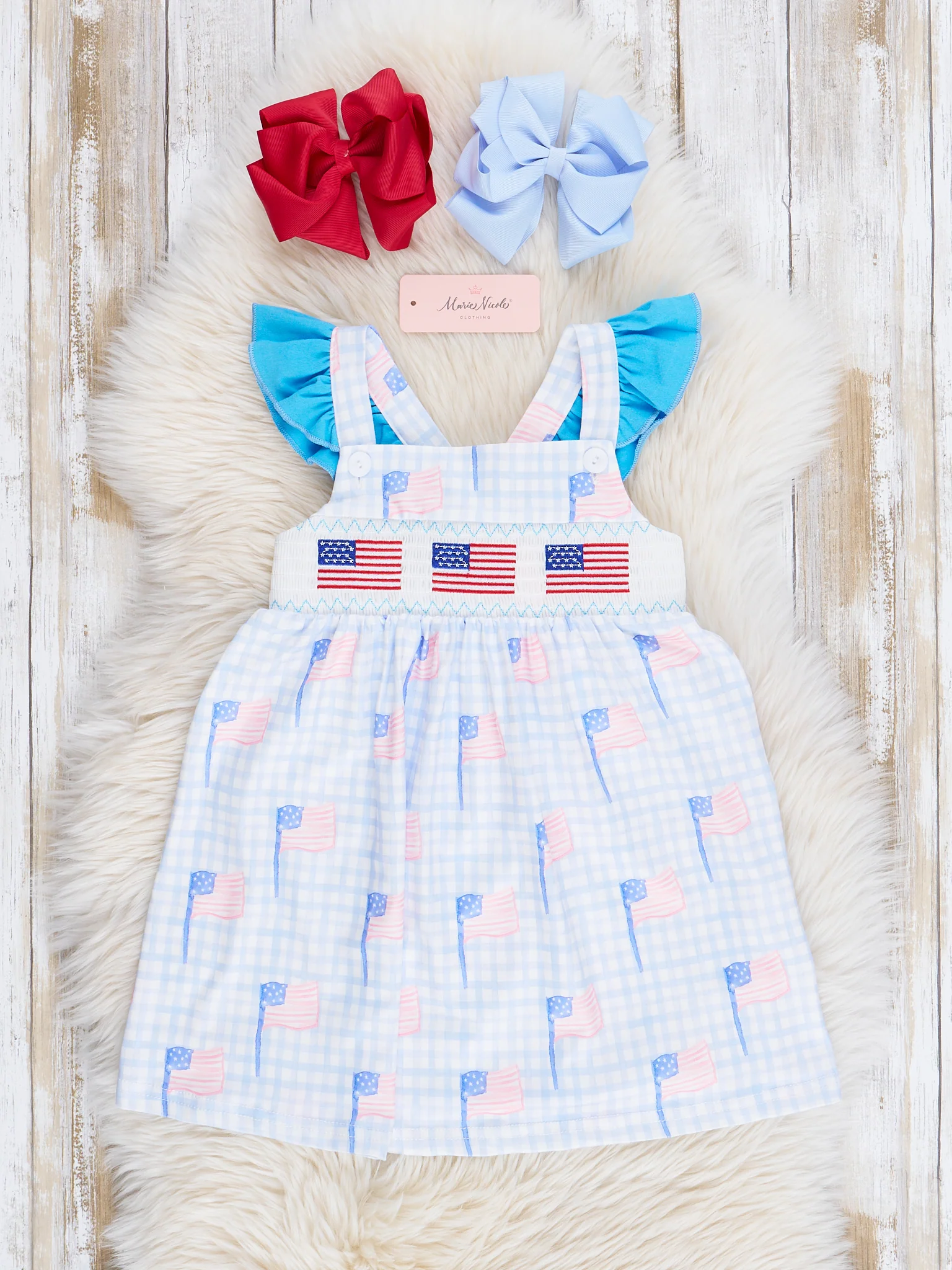 Blue Gingham American Flag Smocked Dress