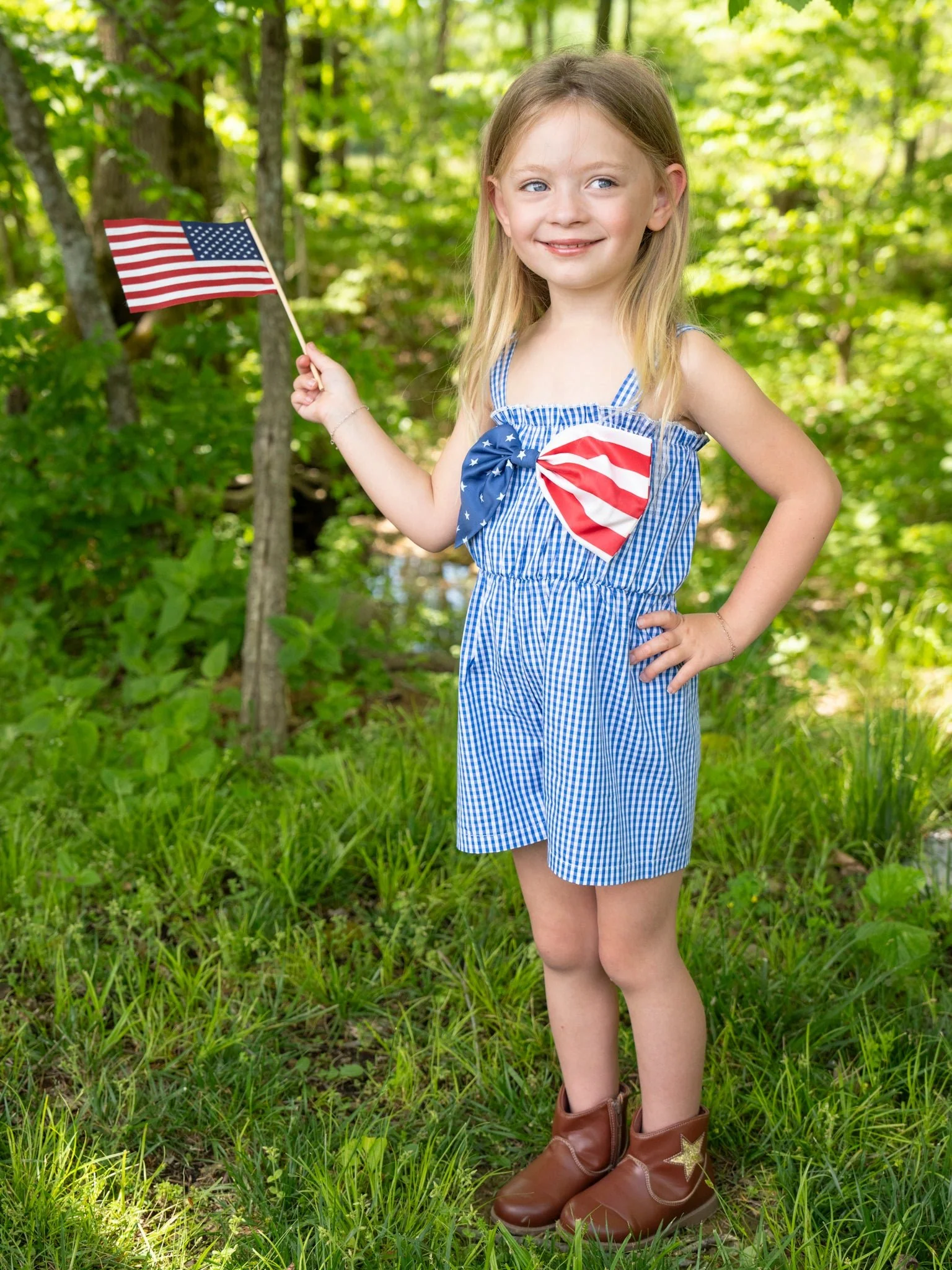 Blue Gingham American Girl Bow Romper - Image 3