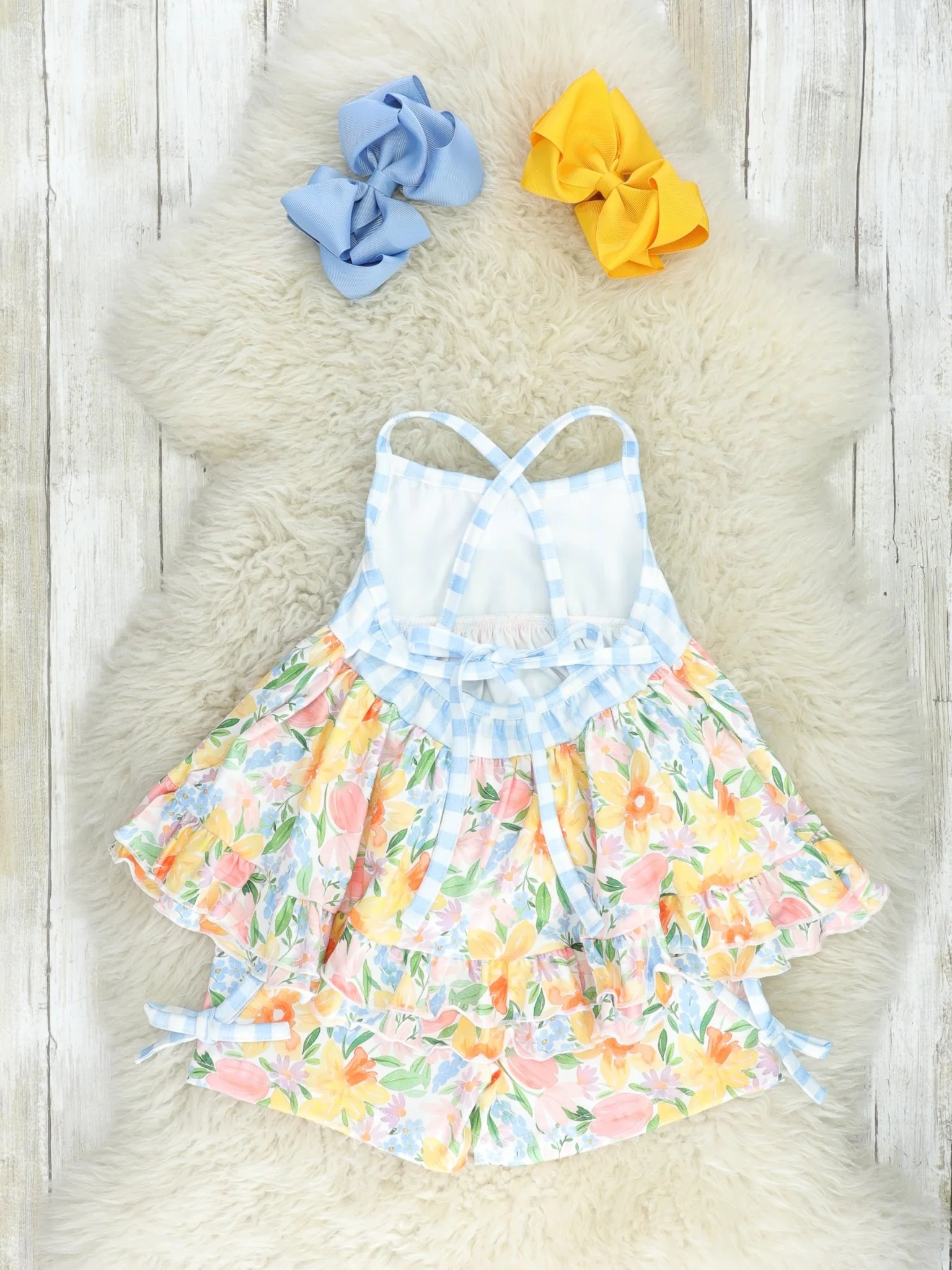 Blue Gingham & Yellow Floral Ruffle Outfit - Image 3