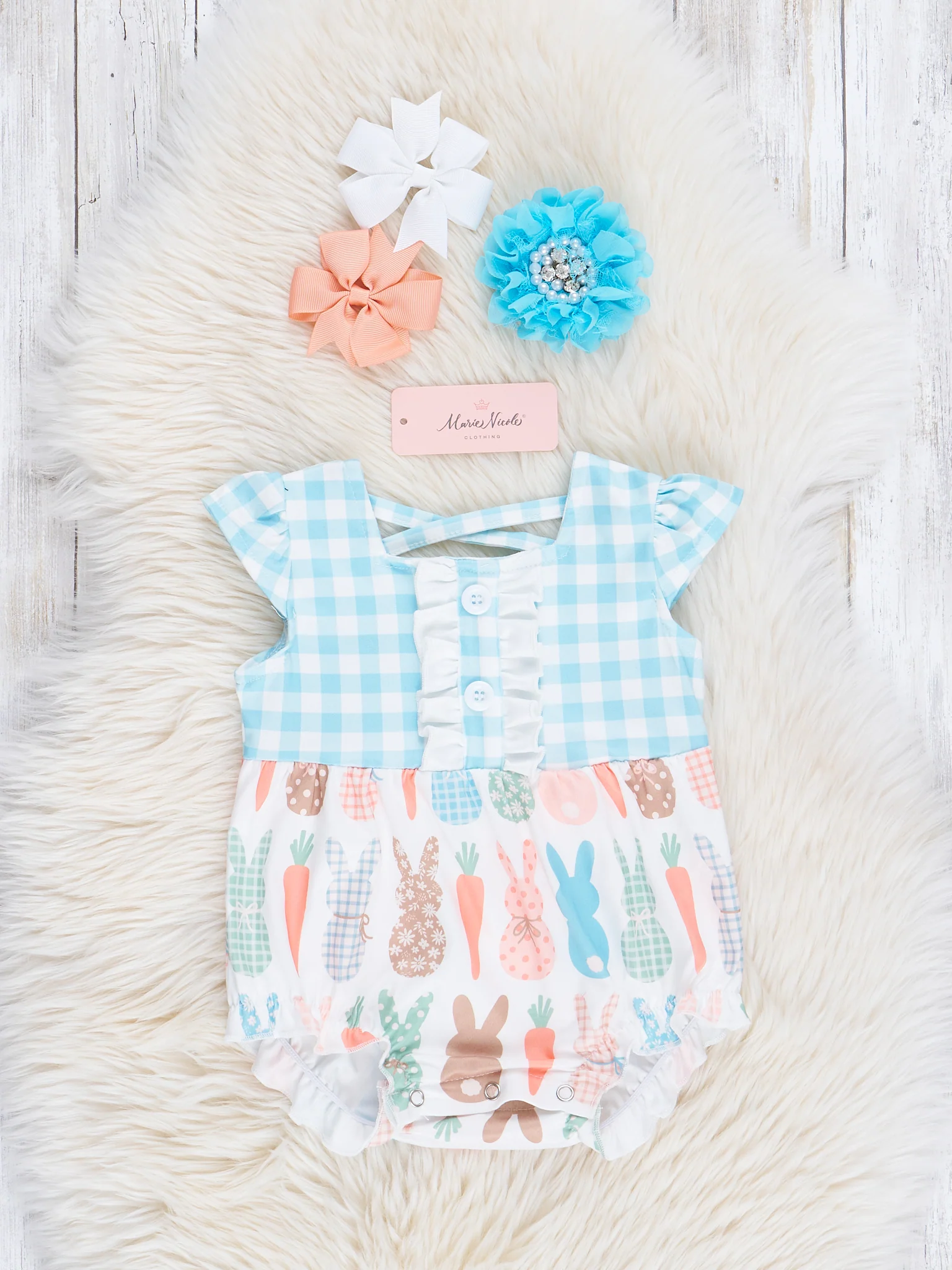 Blue Gingham Bunnies Ruffle Bubble Romper