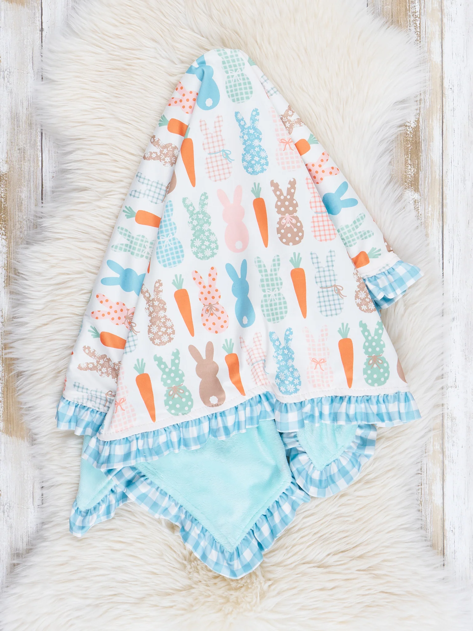 Blue Gingham Bunny Ruffle Minky Blanket