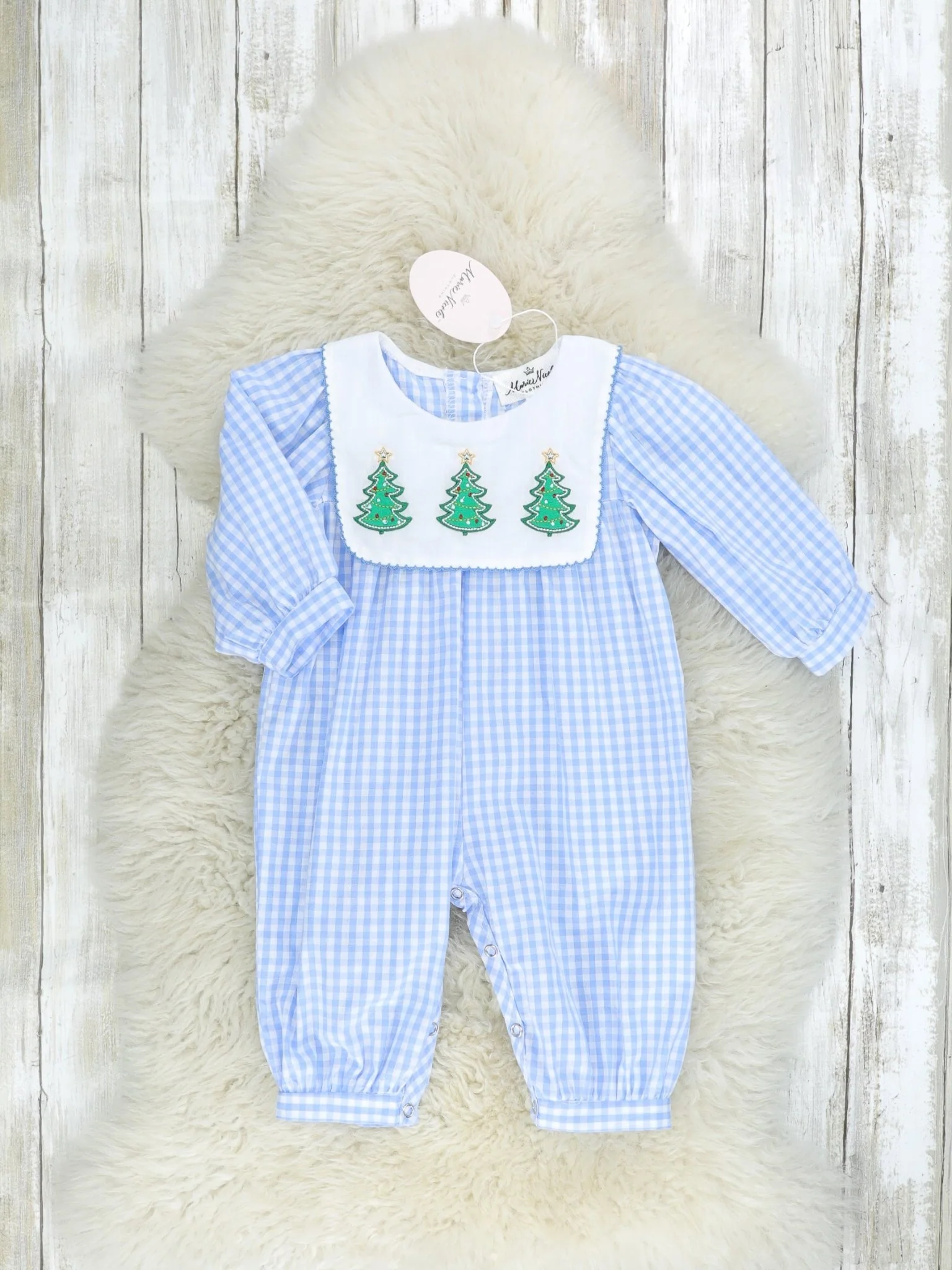 Blue Gingham Christmas Tree Bib Collar Romper