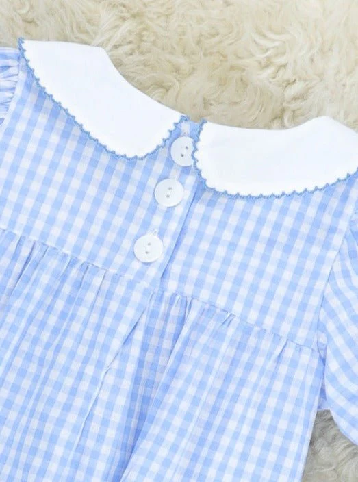 Blue Gingham Christmas Tree Bib Collar Romper - Image 2