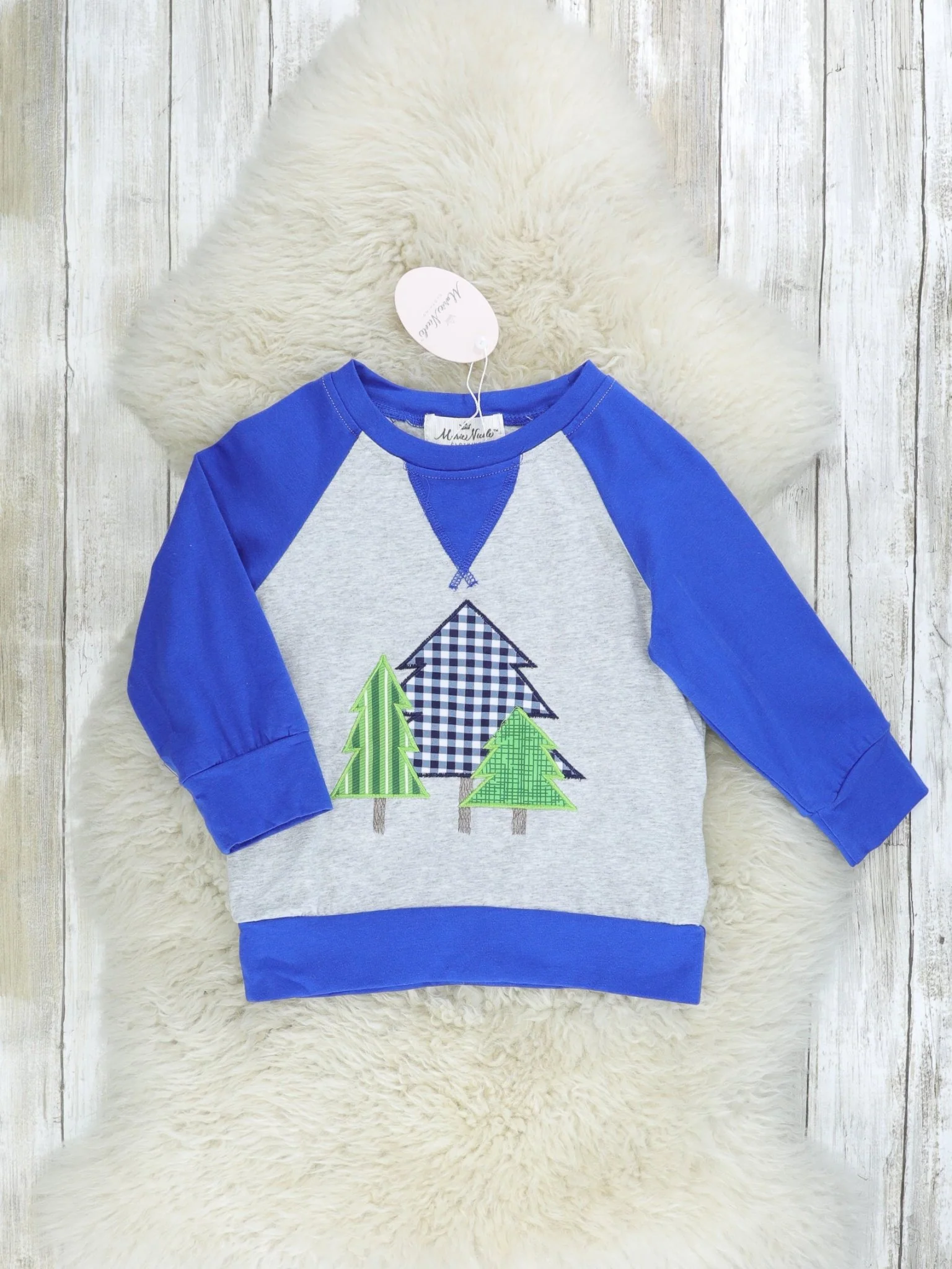 Blue Gingham Christmas Tree Raglan Shirt
