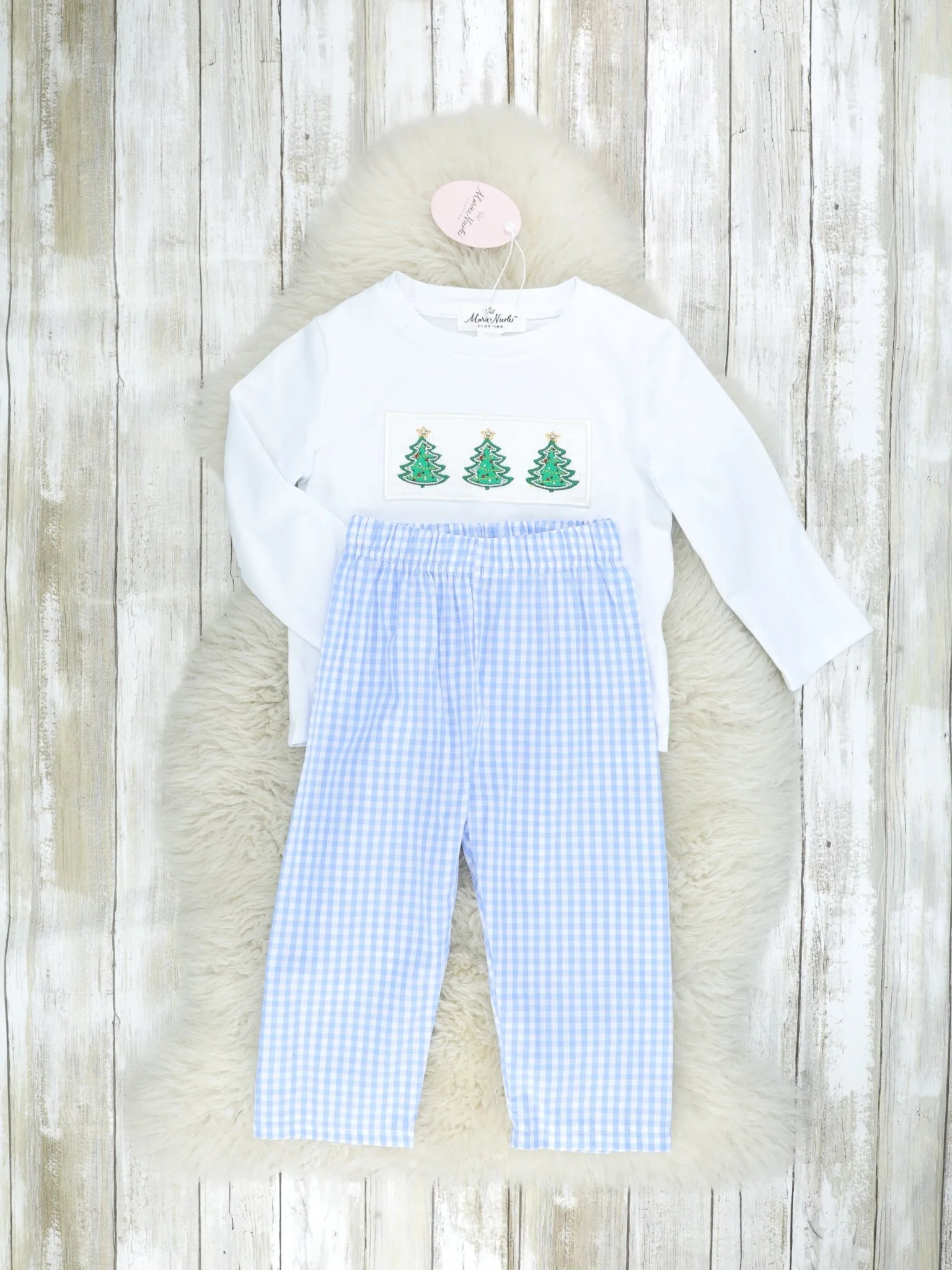 Blue Gingham Christmas Tree Smocked Outfit - Image 2