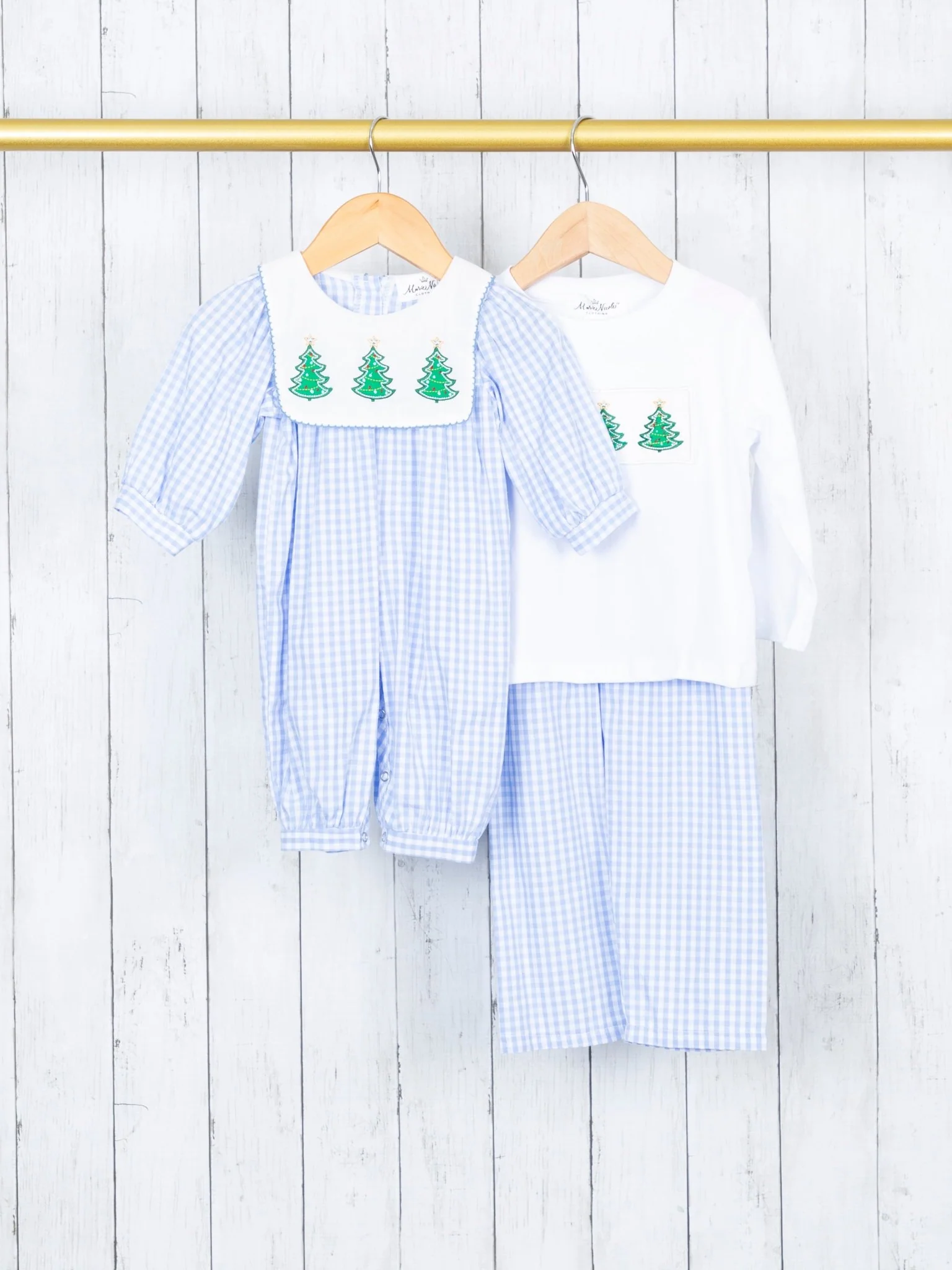 Blue Gingham Christmas Tree Smocked Outfit - Image 3