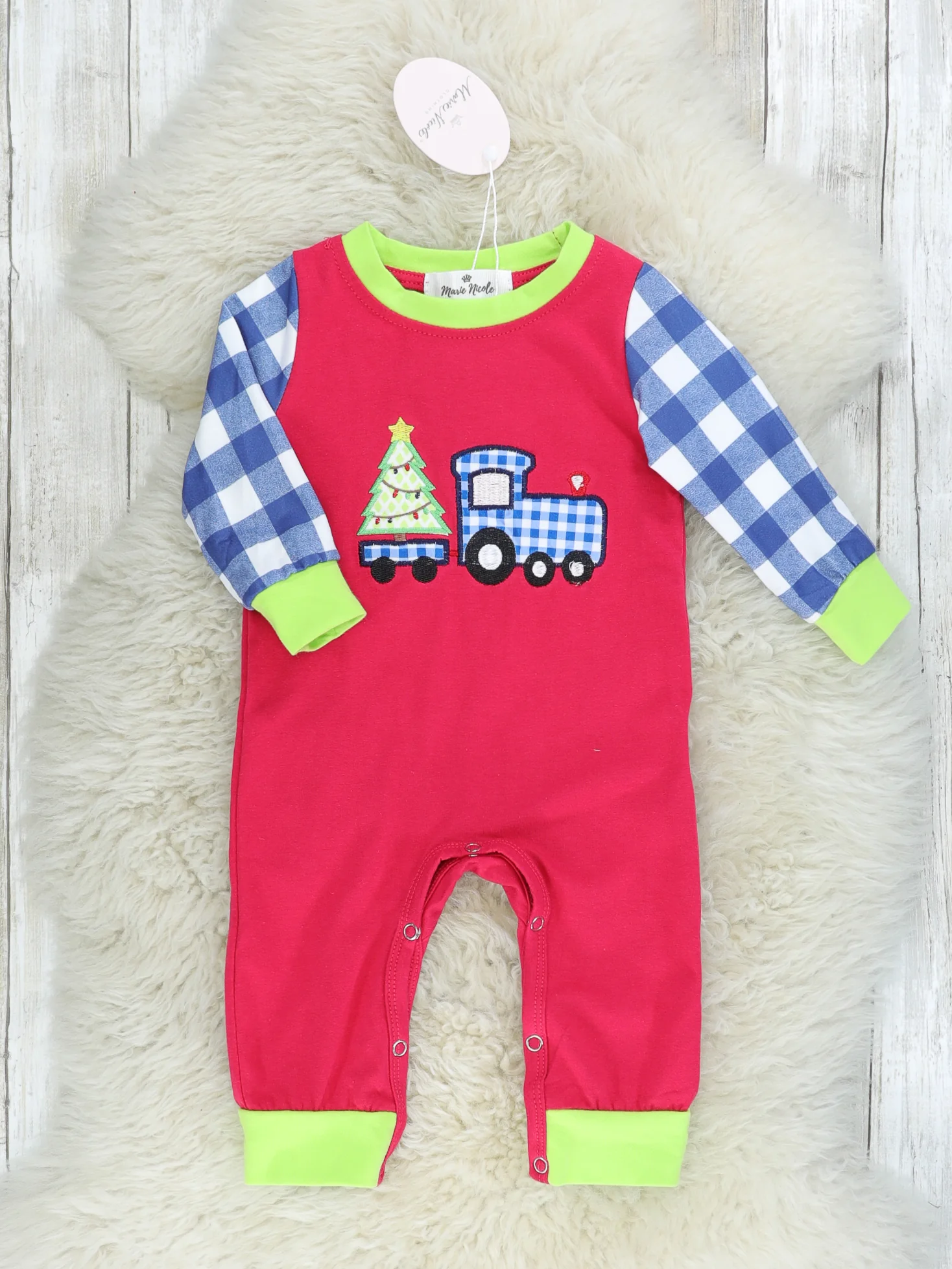 Blue Gingham Christmas Tree Truck Raglan Romper