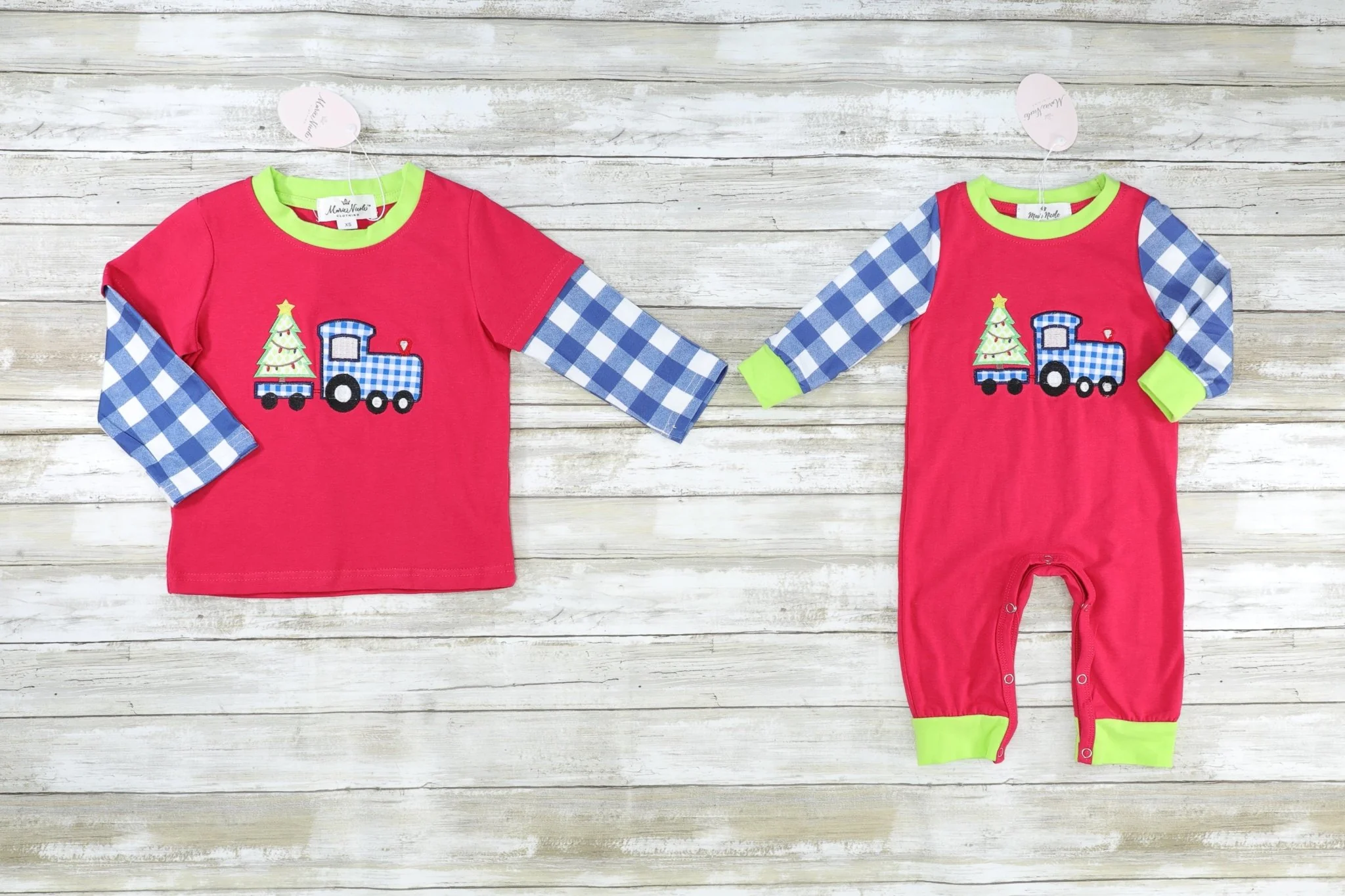 Blue Gingham Christmas Tree Truck Raglan Romper - Image 2
