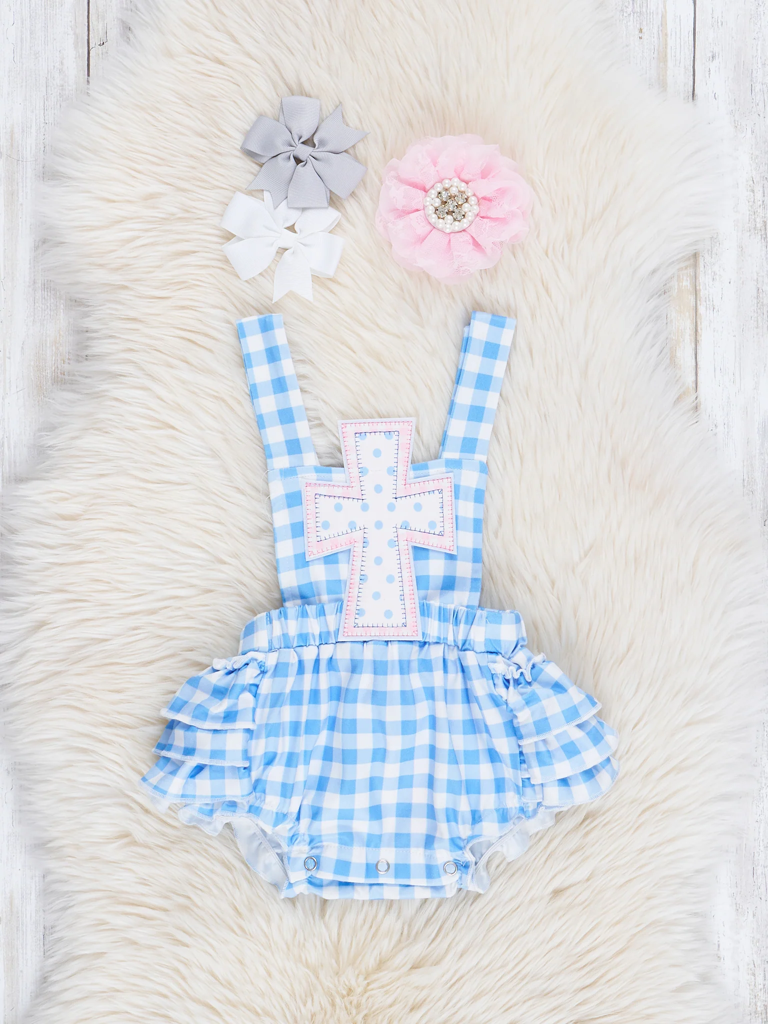 Blue Gingham Cross Ruffle Bubble Romper