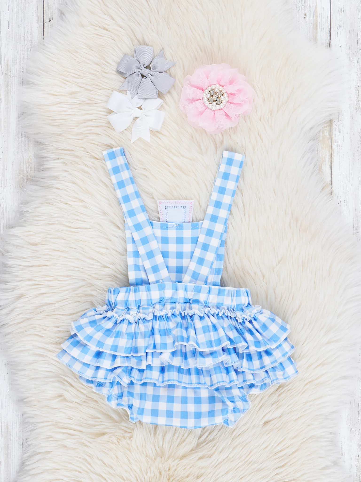 Blue Gingham Cross Ruffle Bubble Romper - Image 2