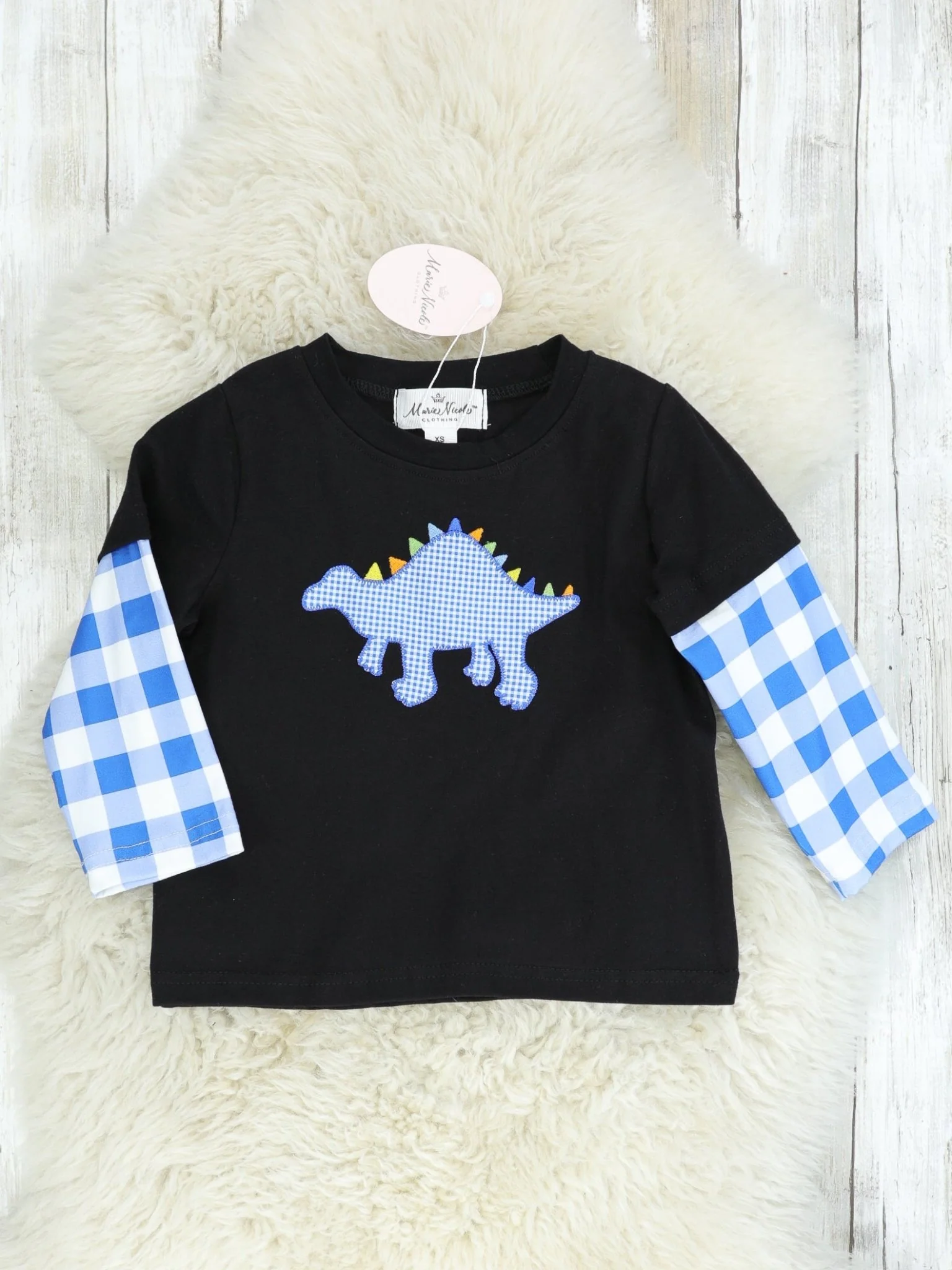 Blue Gingham Dinosaur Long Sleeve Shirt