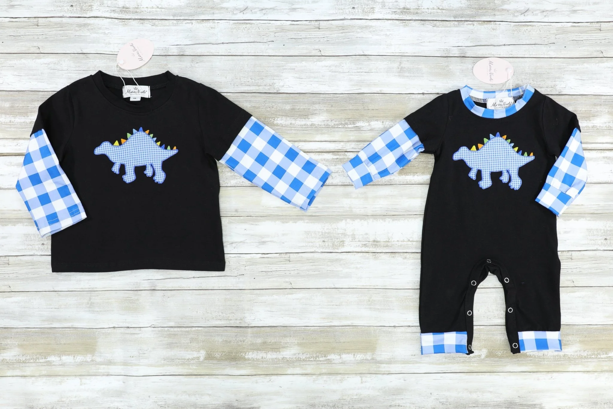 Blue Gingham Dinosaur Long Sleeve Shirt - Image 2
