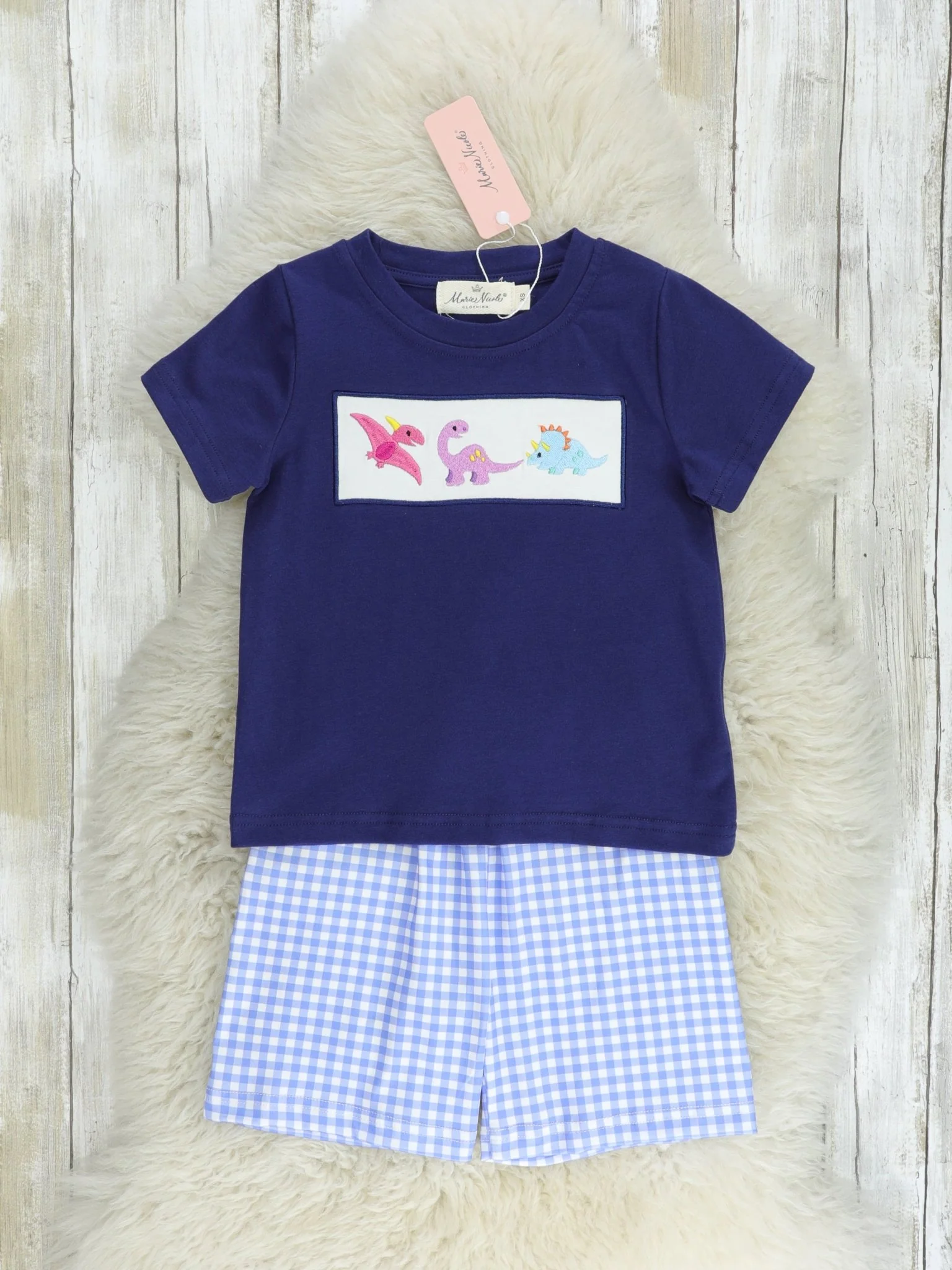 Blue Gingham Dinosaur Outfit
