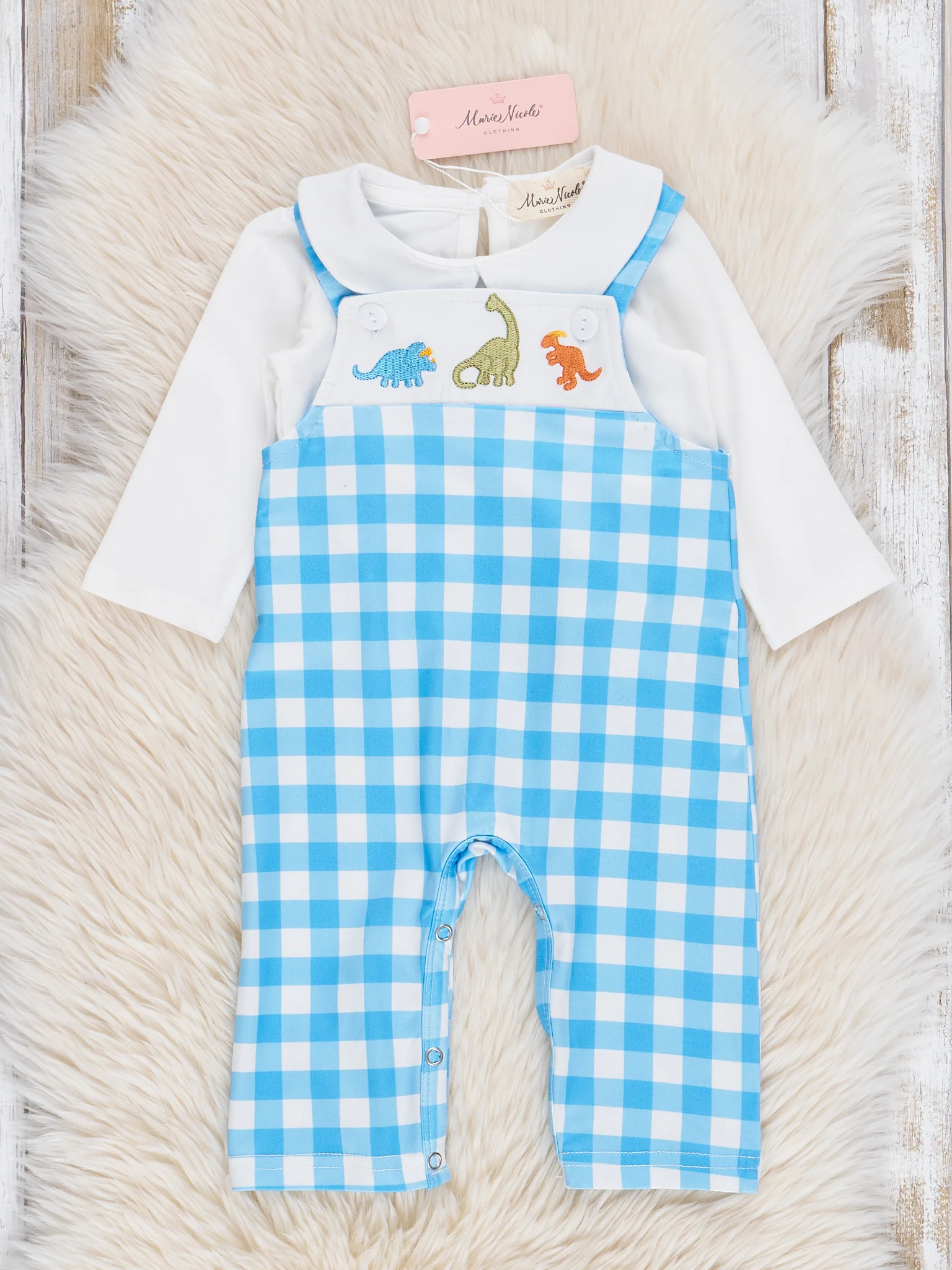 Blue Gingham Dinosaurs Johnny Set