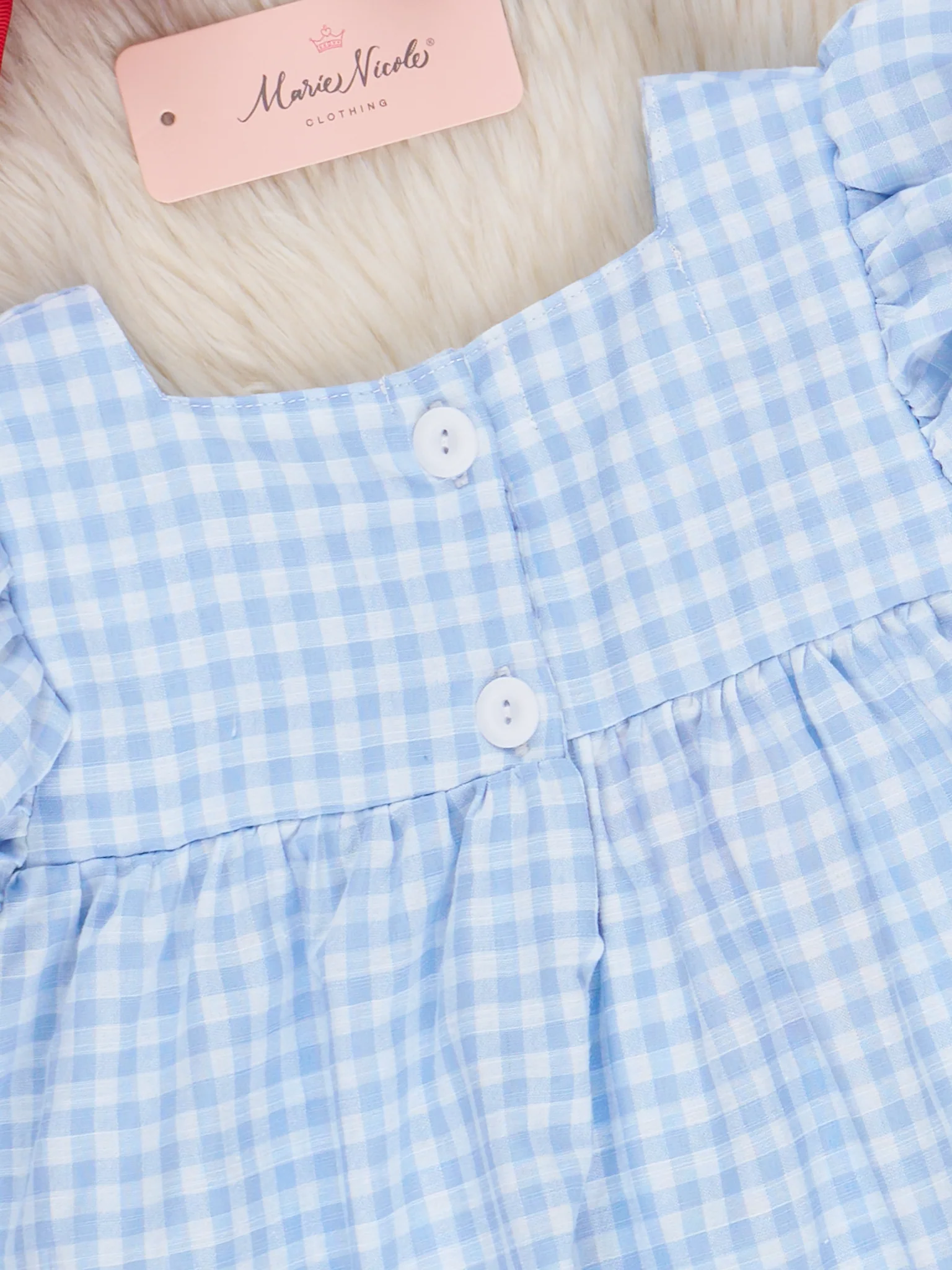 Blue Gingham Embroidered Crayons Ruffle Dress - Image 3