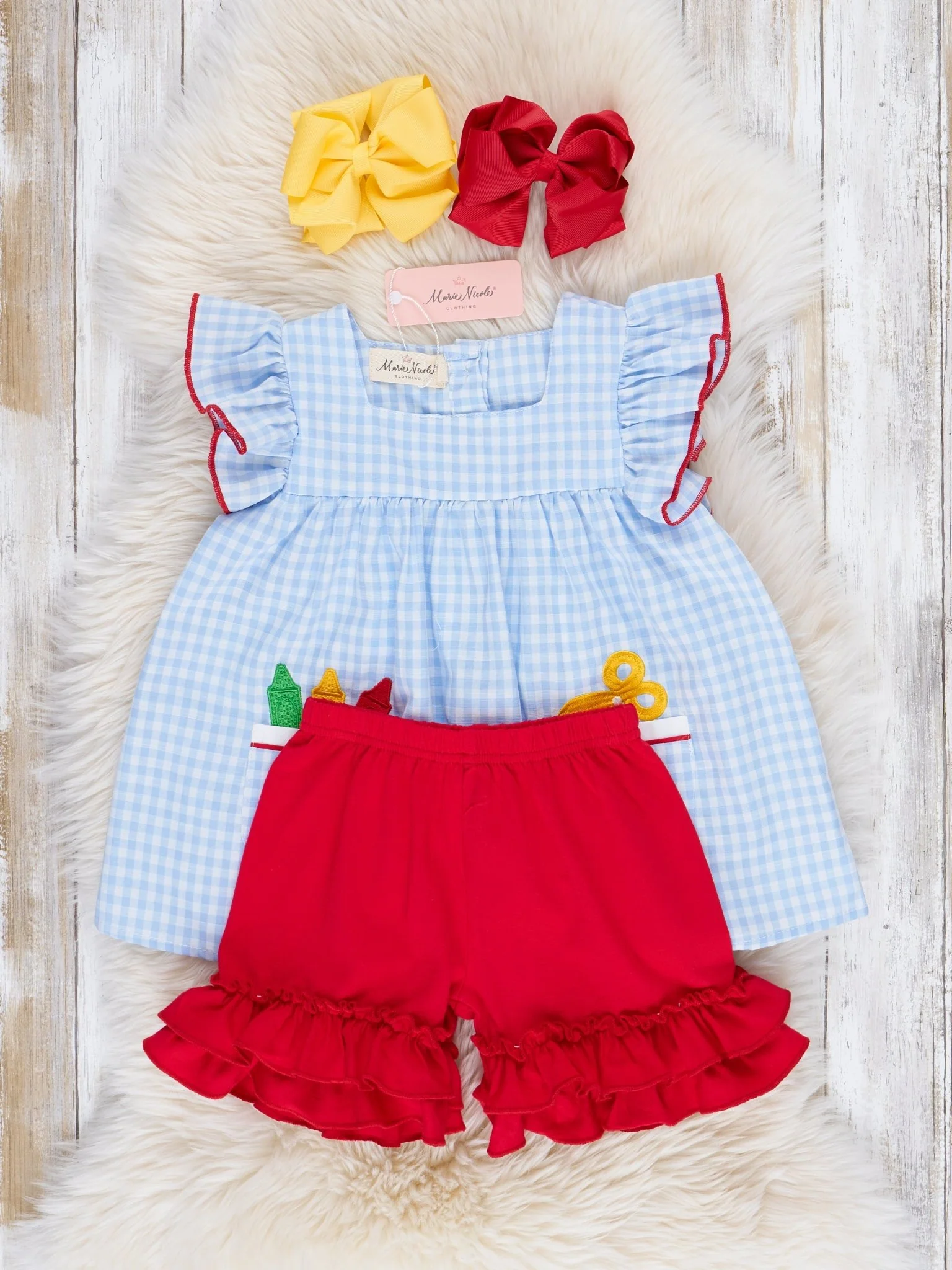 Blue Gingham Embroidered Crayons Ruffle Outfit - Image 3