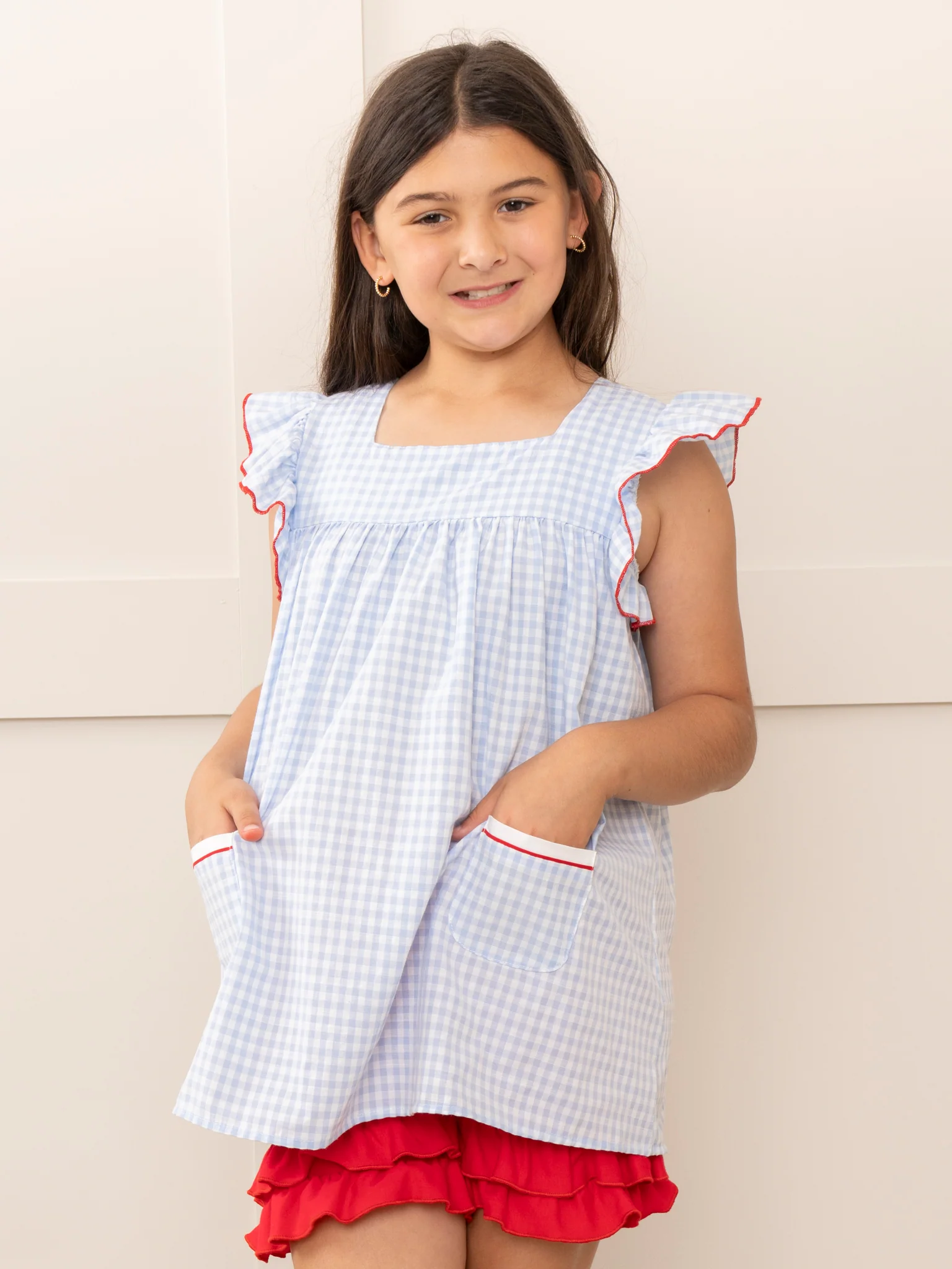 Blue Gingham Embroidered Crayons Ruffle Outfit - Image 7