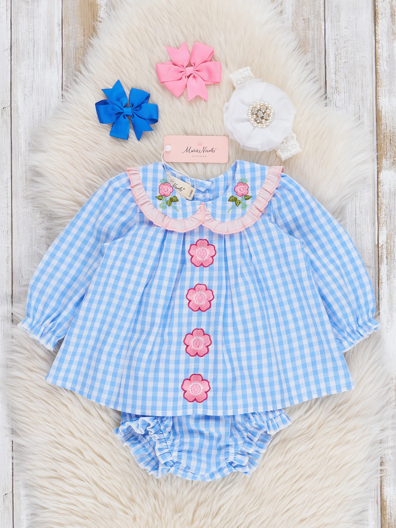 Blue Gingham Embroidered Daisies Bloomers Outfit