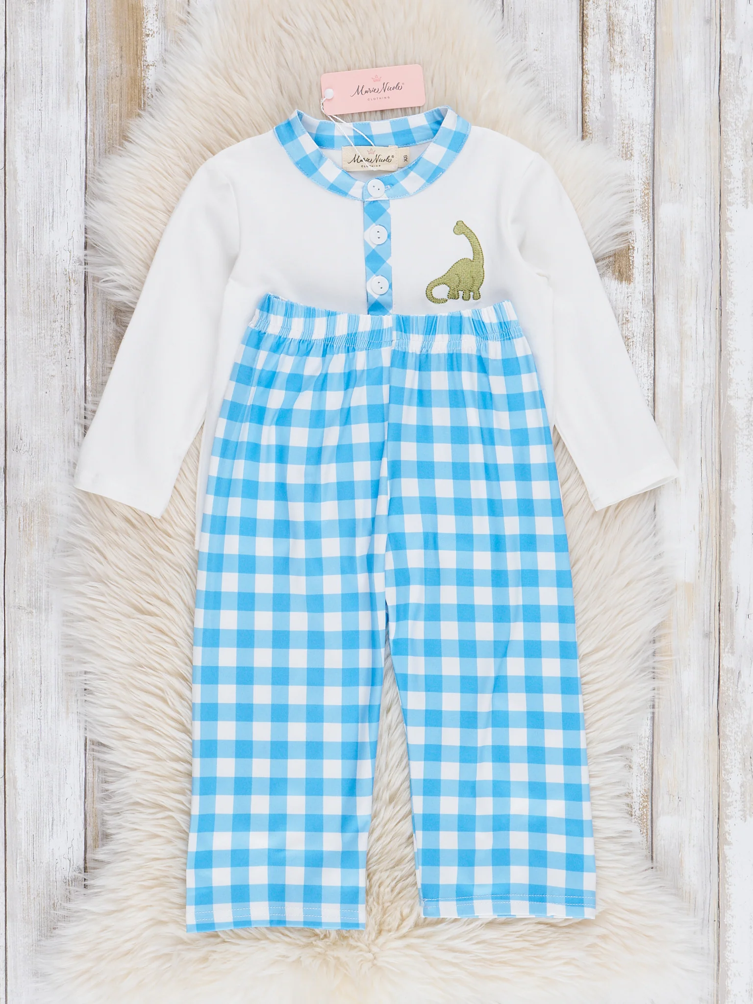 Blue Gingham Embroidered Dinosaurs Outfit - Image 2