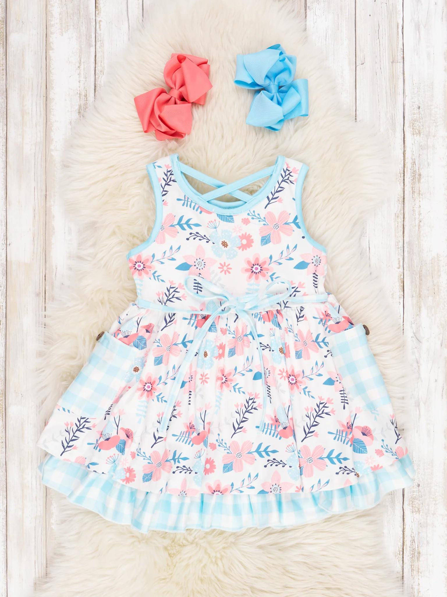 Blue Gingham Floral Tank Ruffle Dress - Image 2