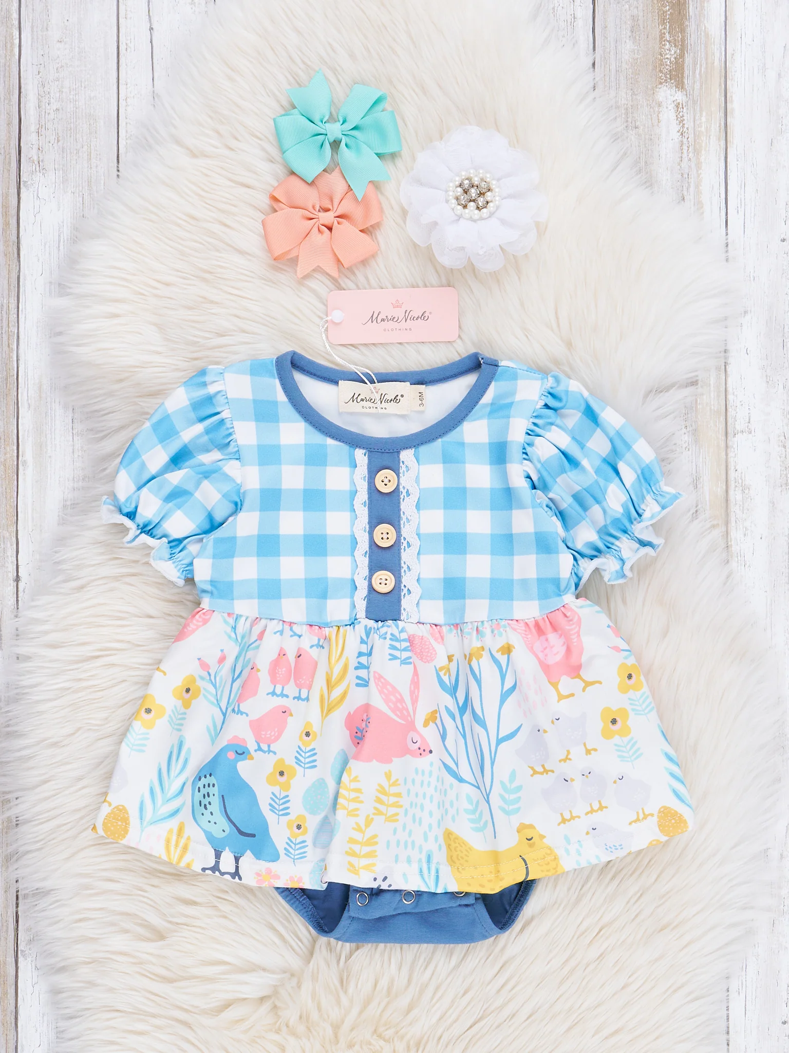 Blue Gingham Garden Ruffle Bubble Romper