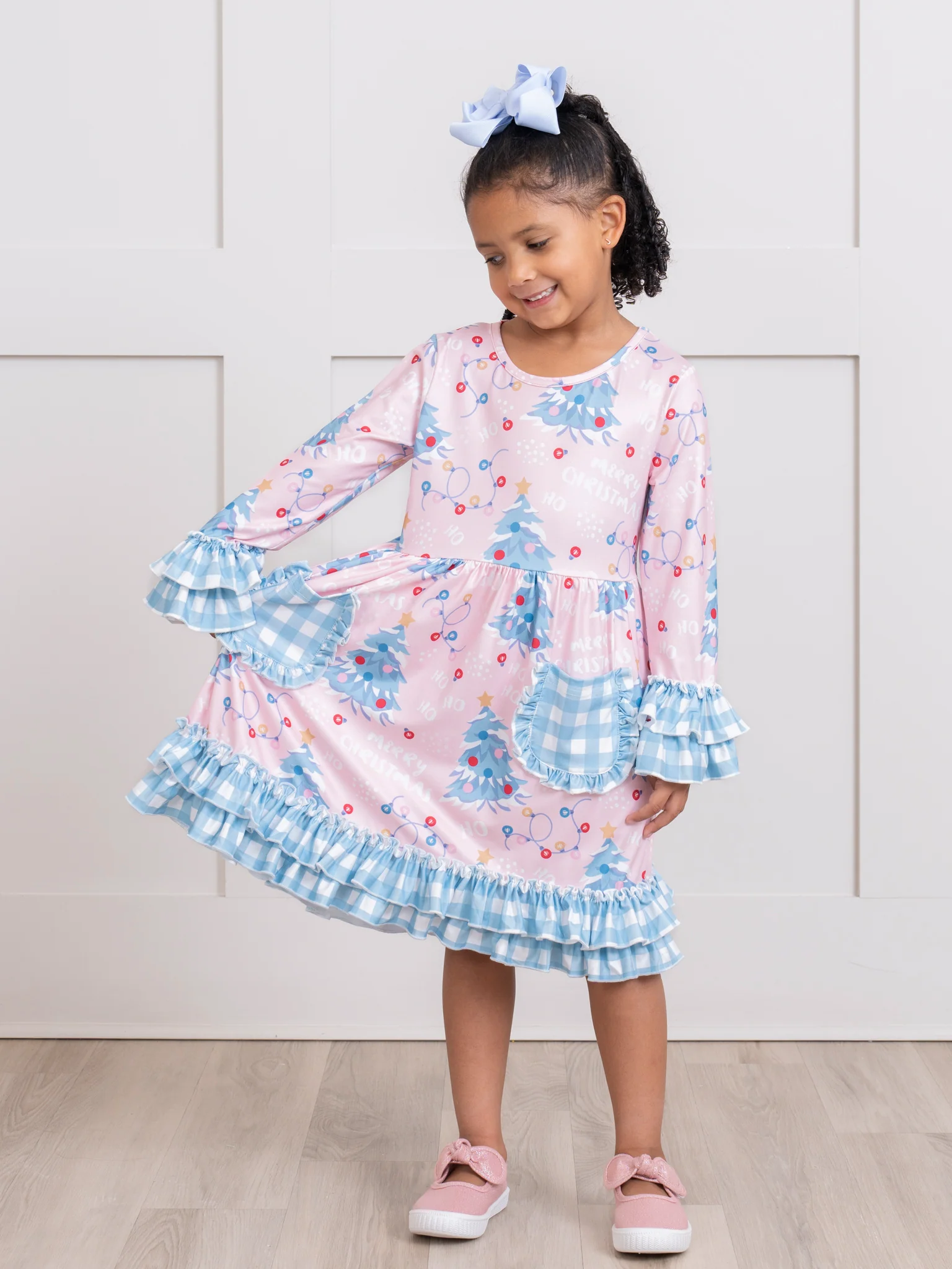 Blue Gingham Holiday Fun Ruffle Dress