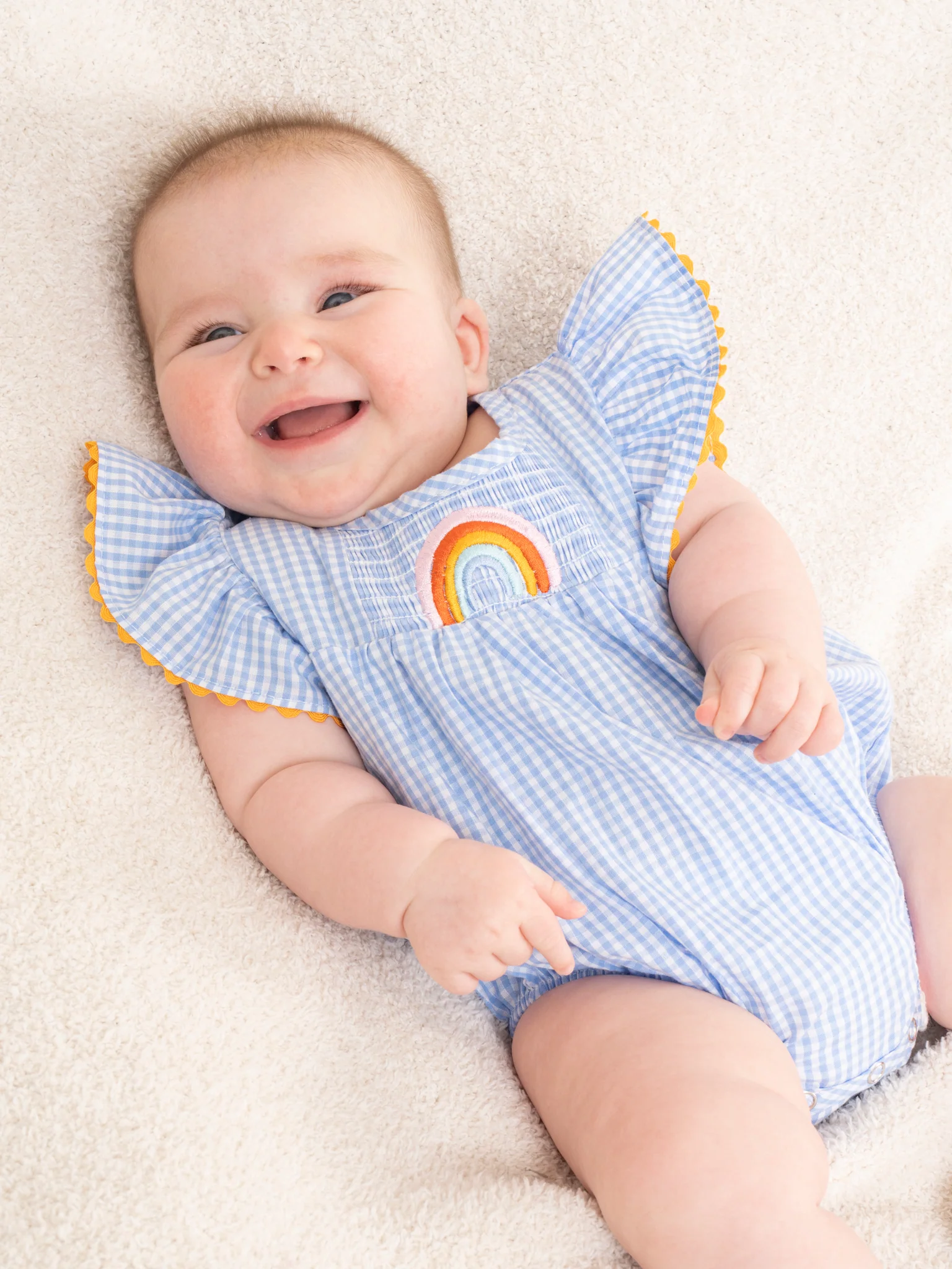 Blue Gingham Rainbow Ruffle Bubble Romper