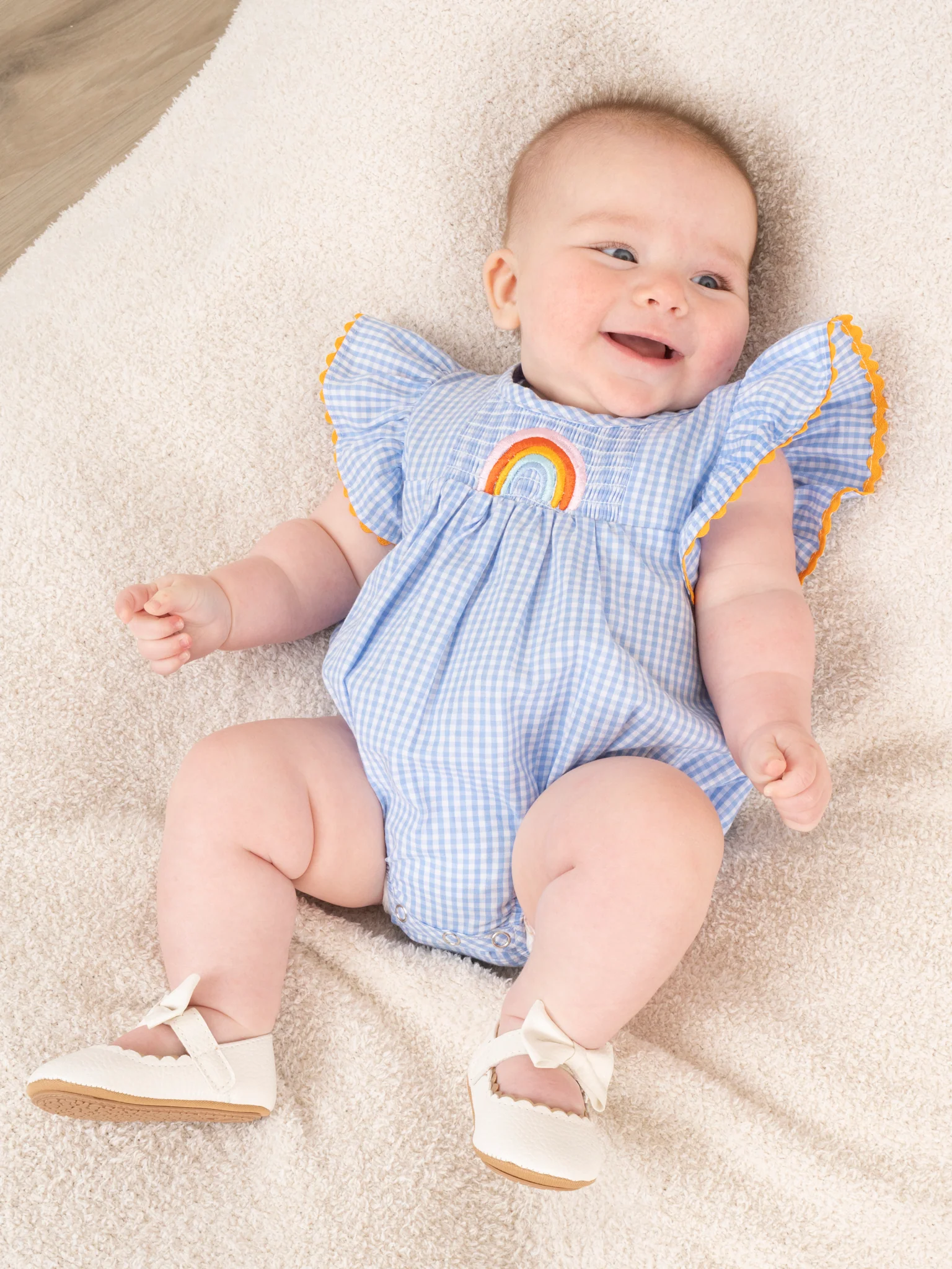 Blue Gingham Rainbow Ruffle Bubble Romper - Image 3