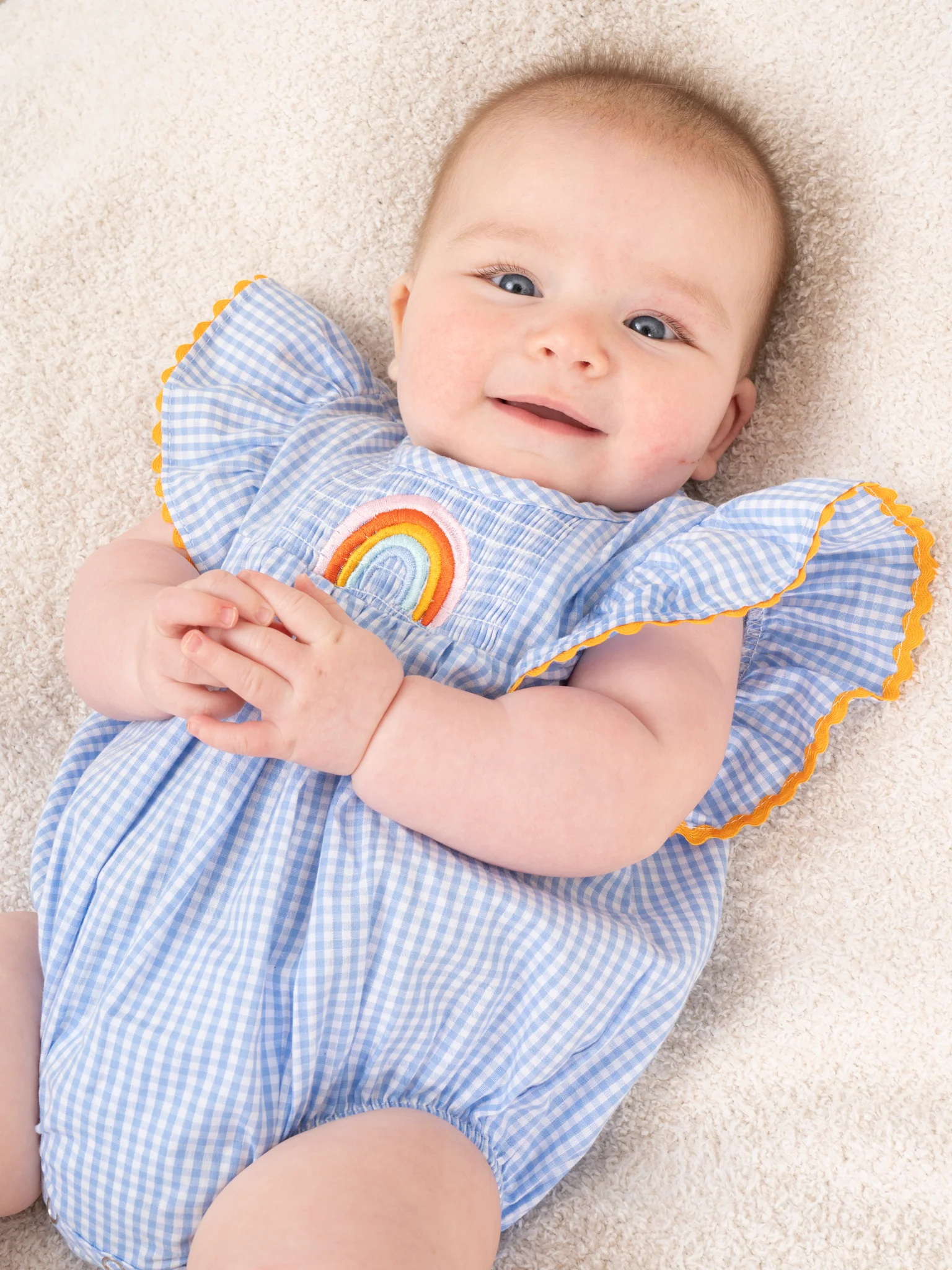Blue Gingham Rainbow Ruffle Bubble Romper - Image 4