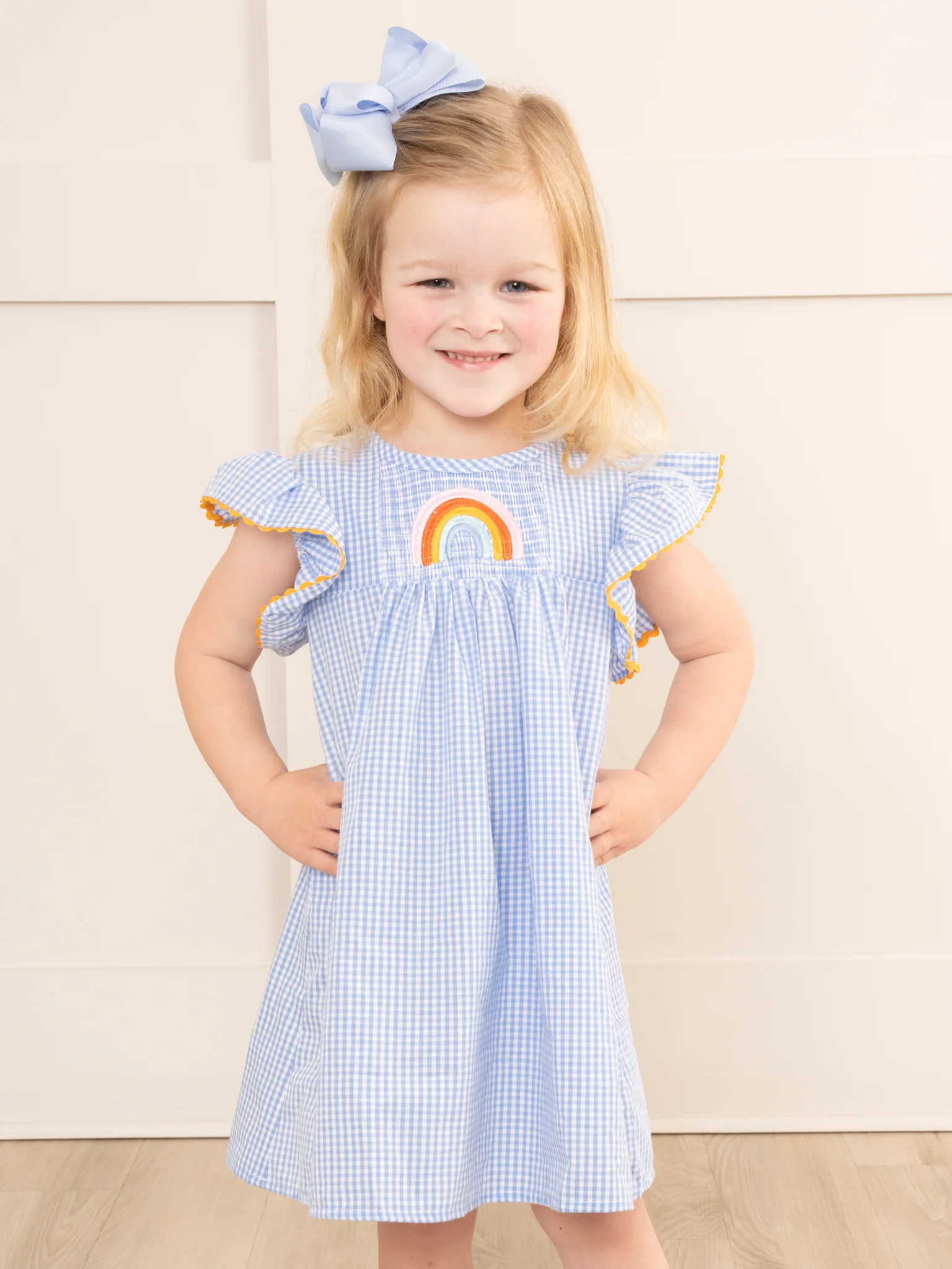 Blue Gingham Rainbow Ruffle Dress