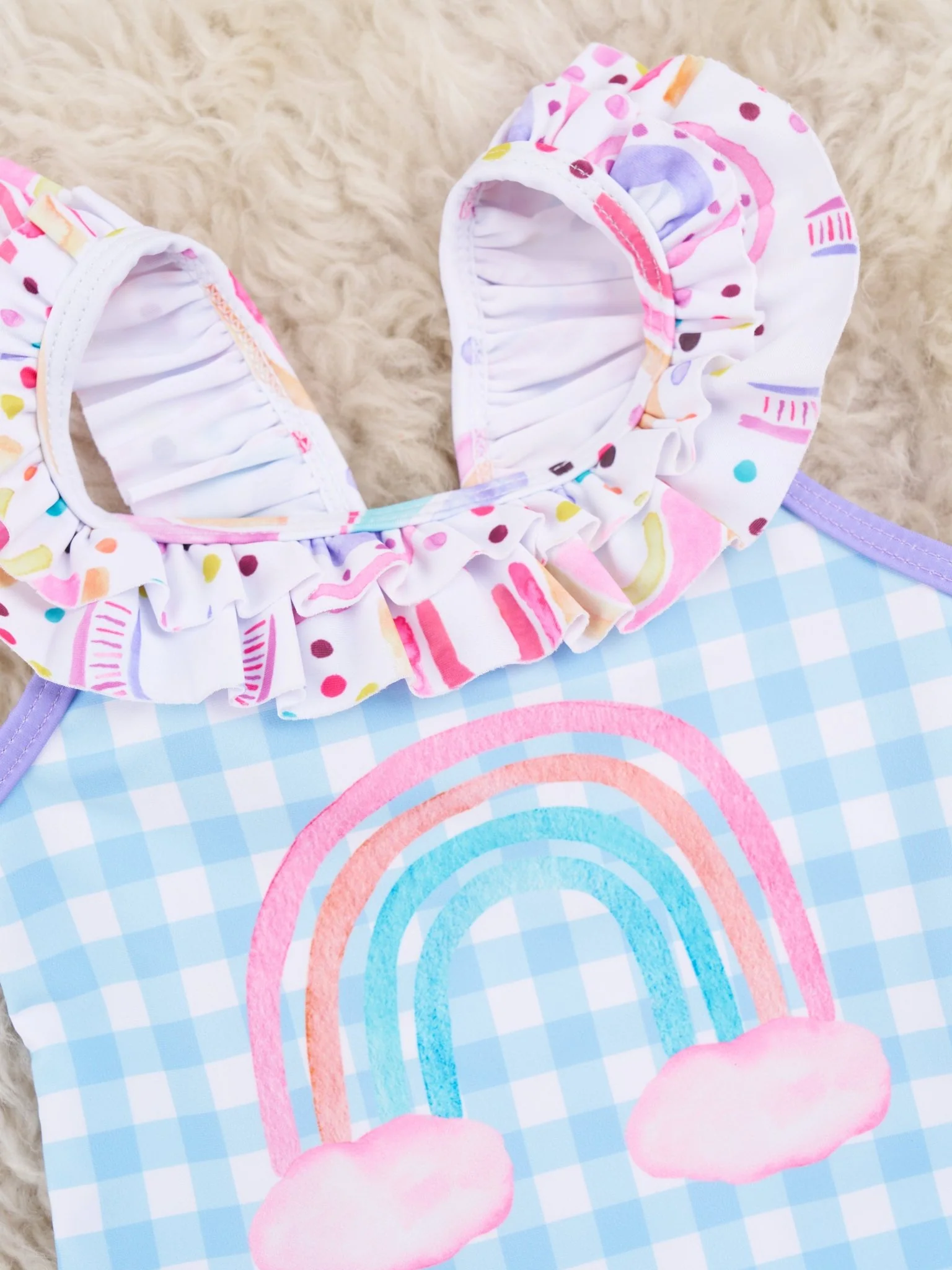 Blue Gingham Rainbow Ruffle Swimsuit - Image 3