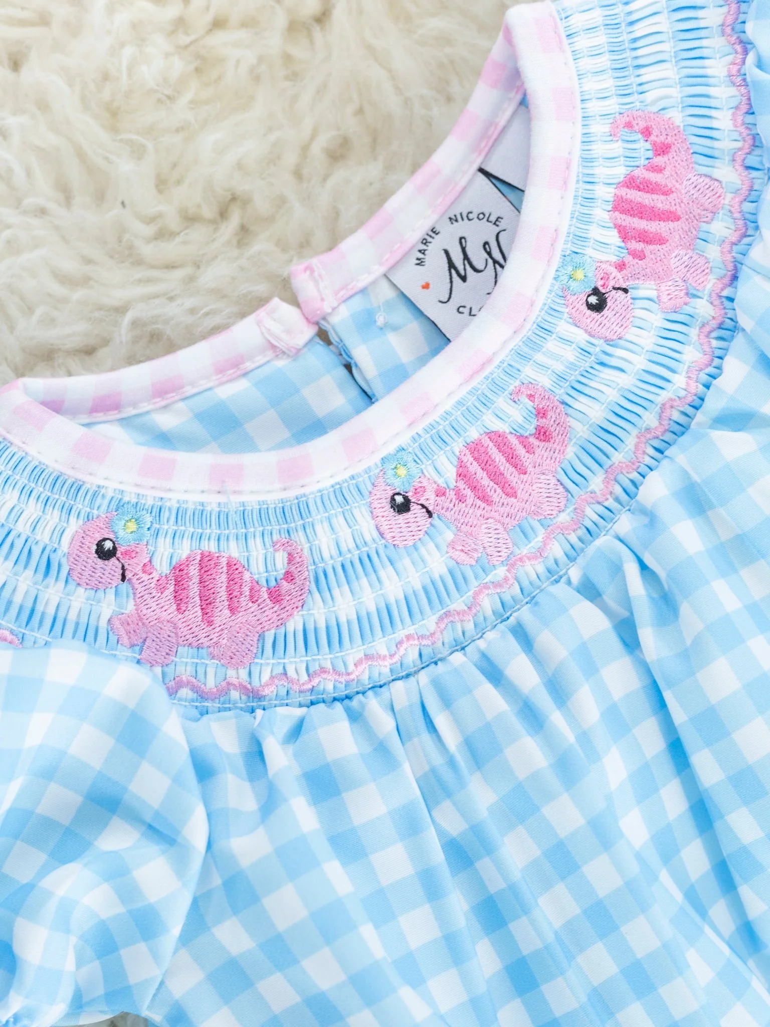Blue Gingham Smocked Dino Ruffle Bubble Romper - Image 2