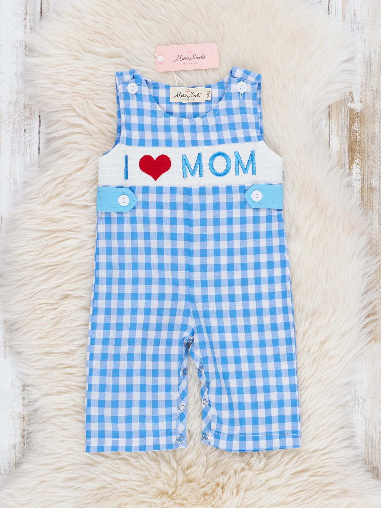 Blue Gingham Smocked Mom Love Johnny