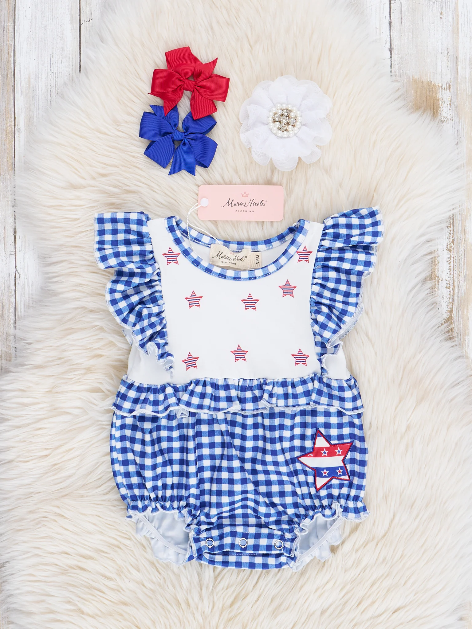 Blue Gingham Stars Ruffle Bubble Romper