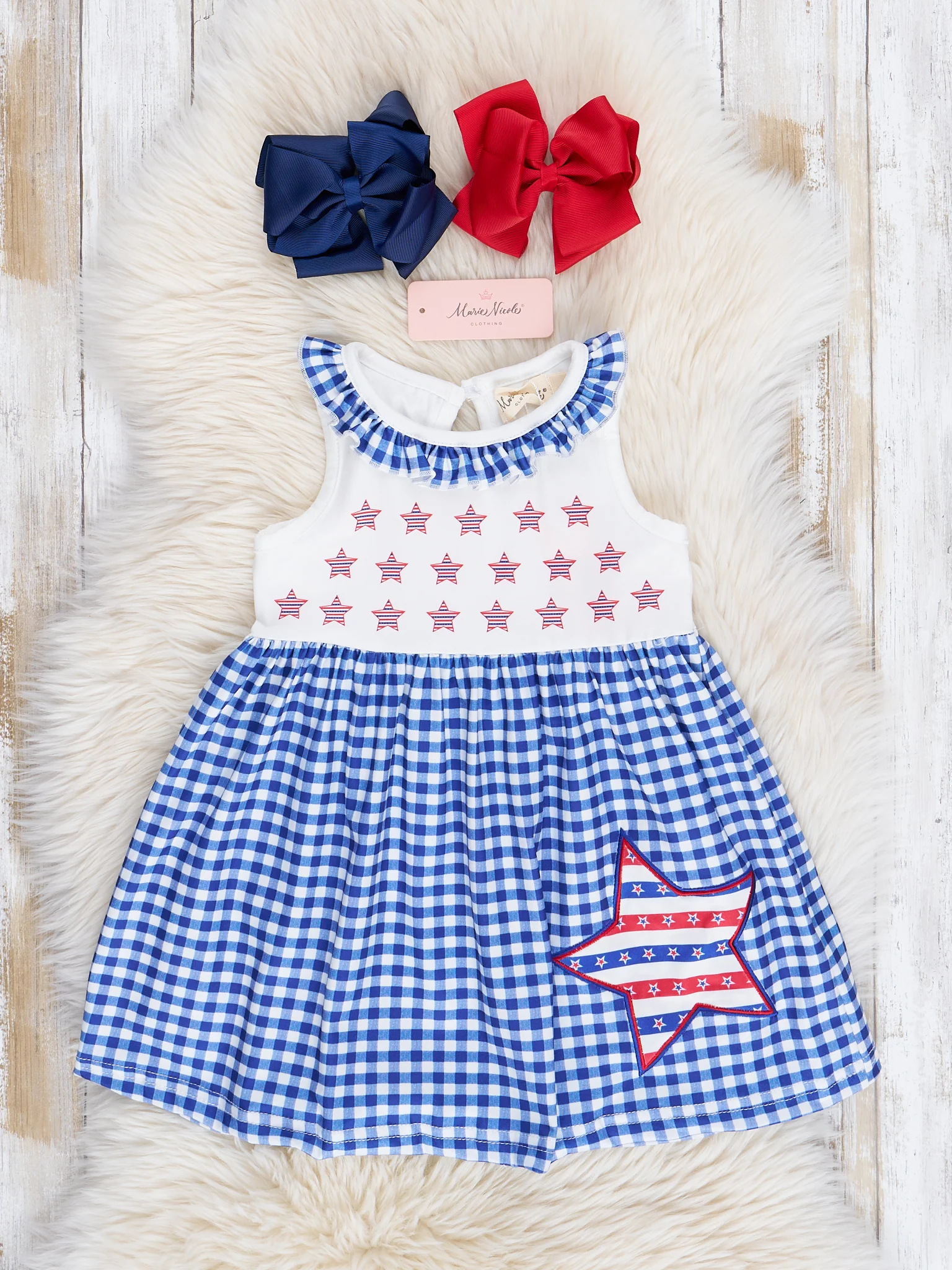 Blue Gingham Stars Ruffle Dress