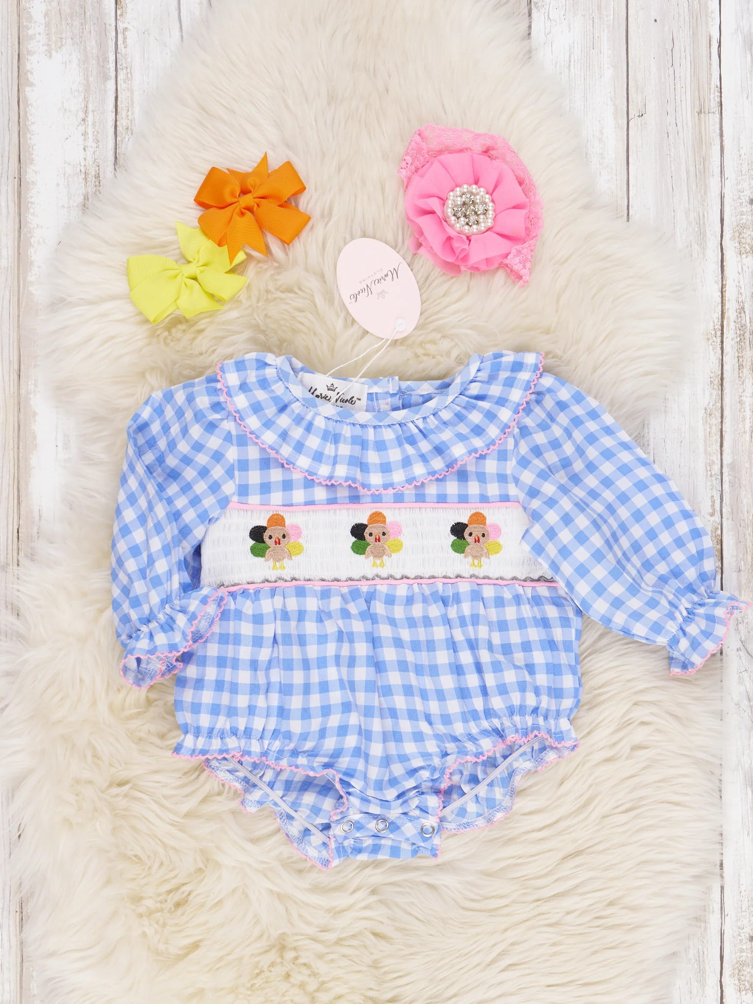 Blue Gingham Turkey Ruffle Romper