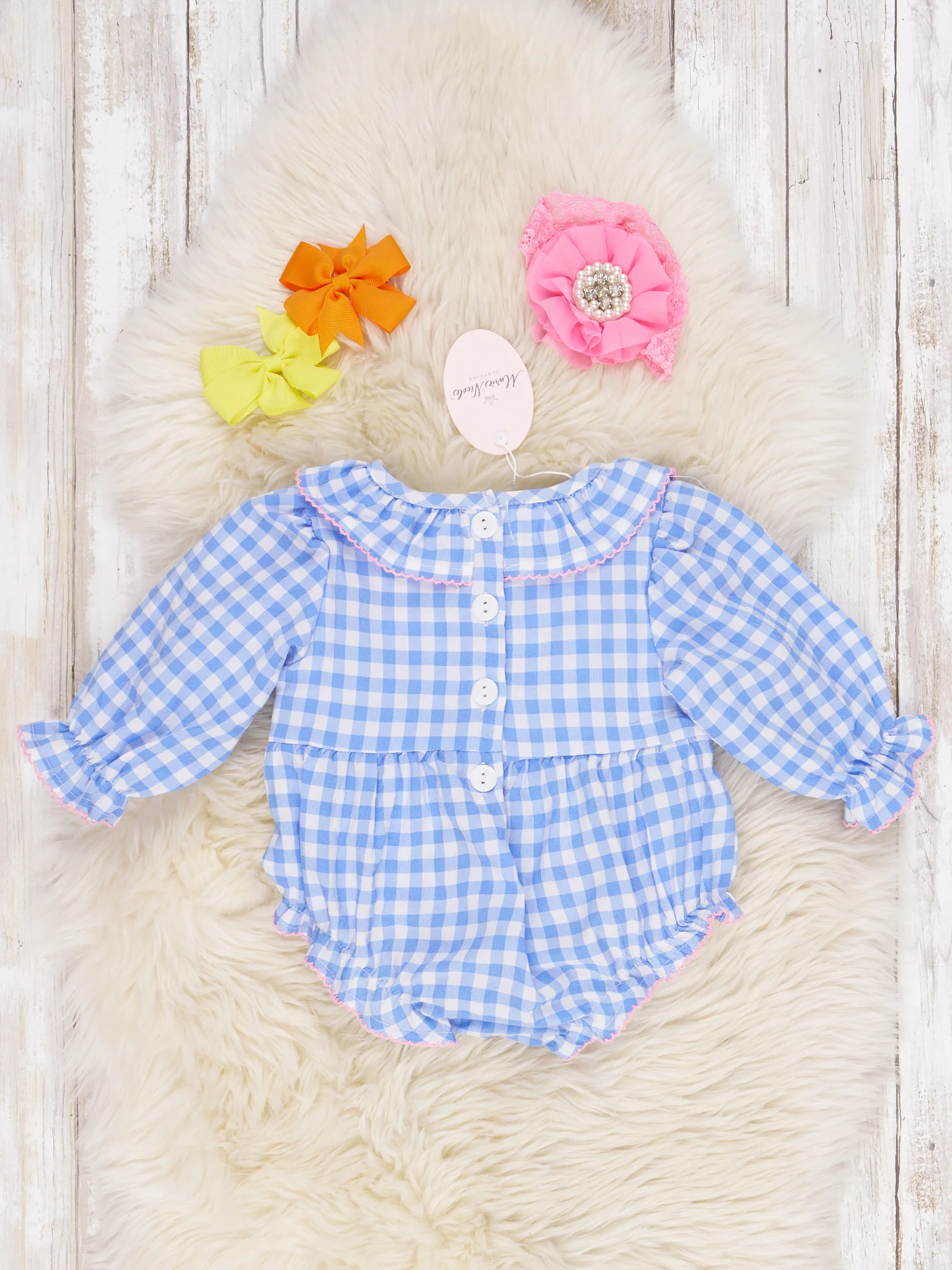 Blue Gingham Turkey Ruffle Romper - Image 2