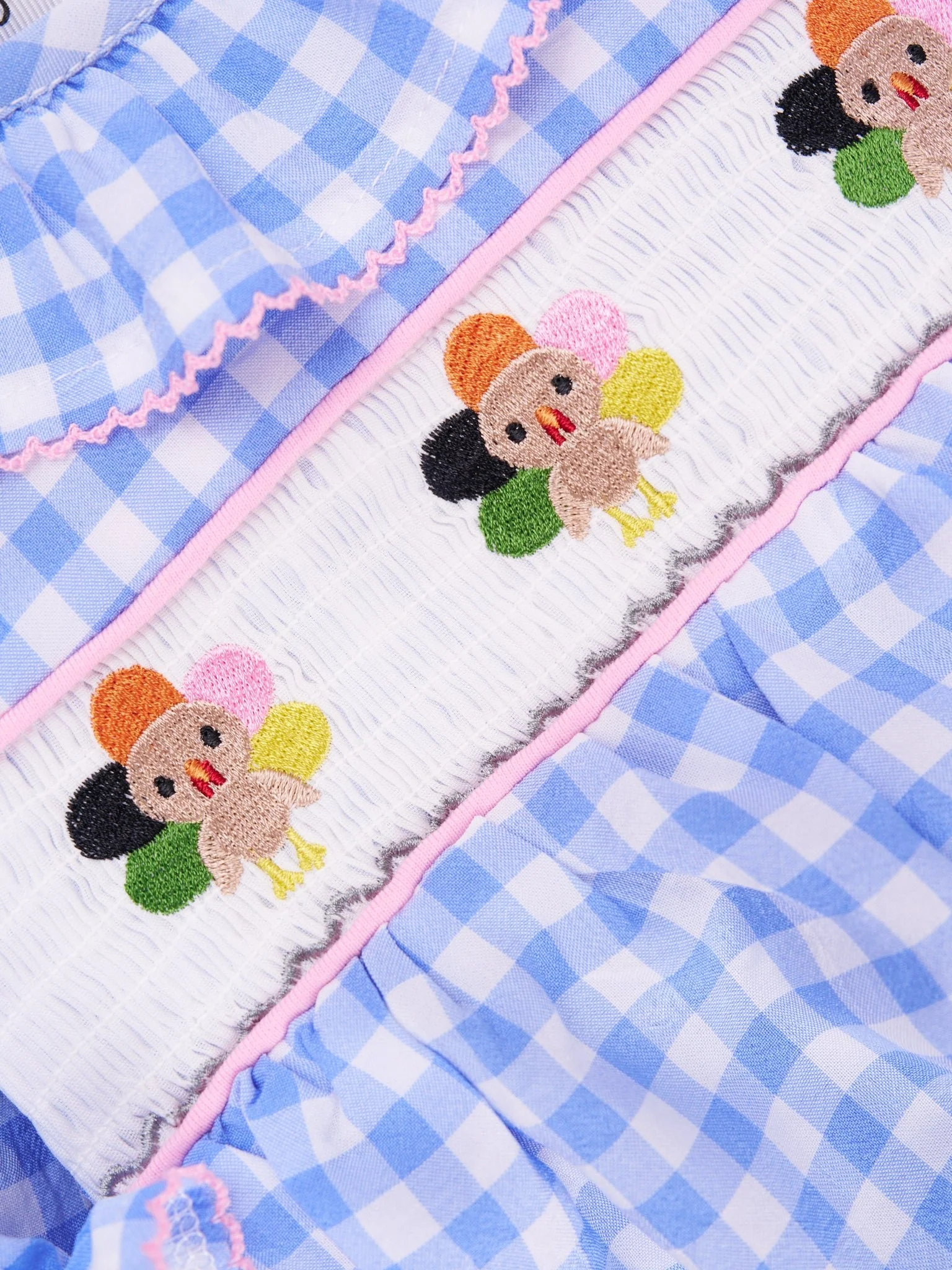 Blue Gingham Turkey Ruffle Romper - Image 3