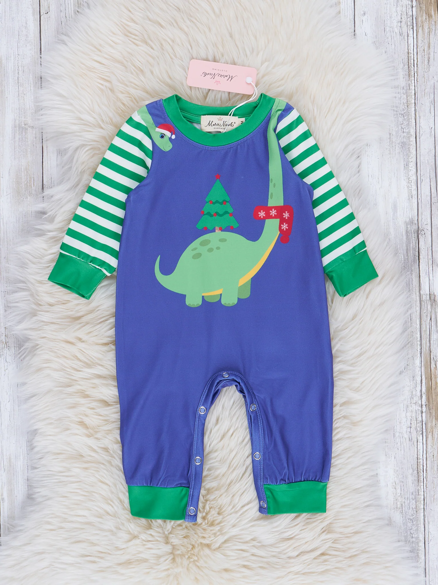 Blue & Green Holiday Dino Striped Raglan Romper